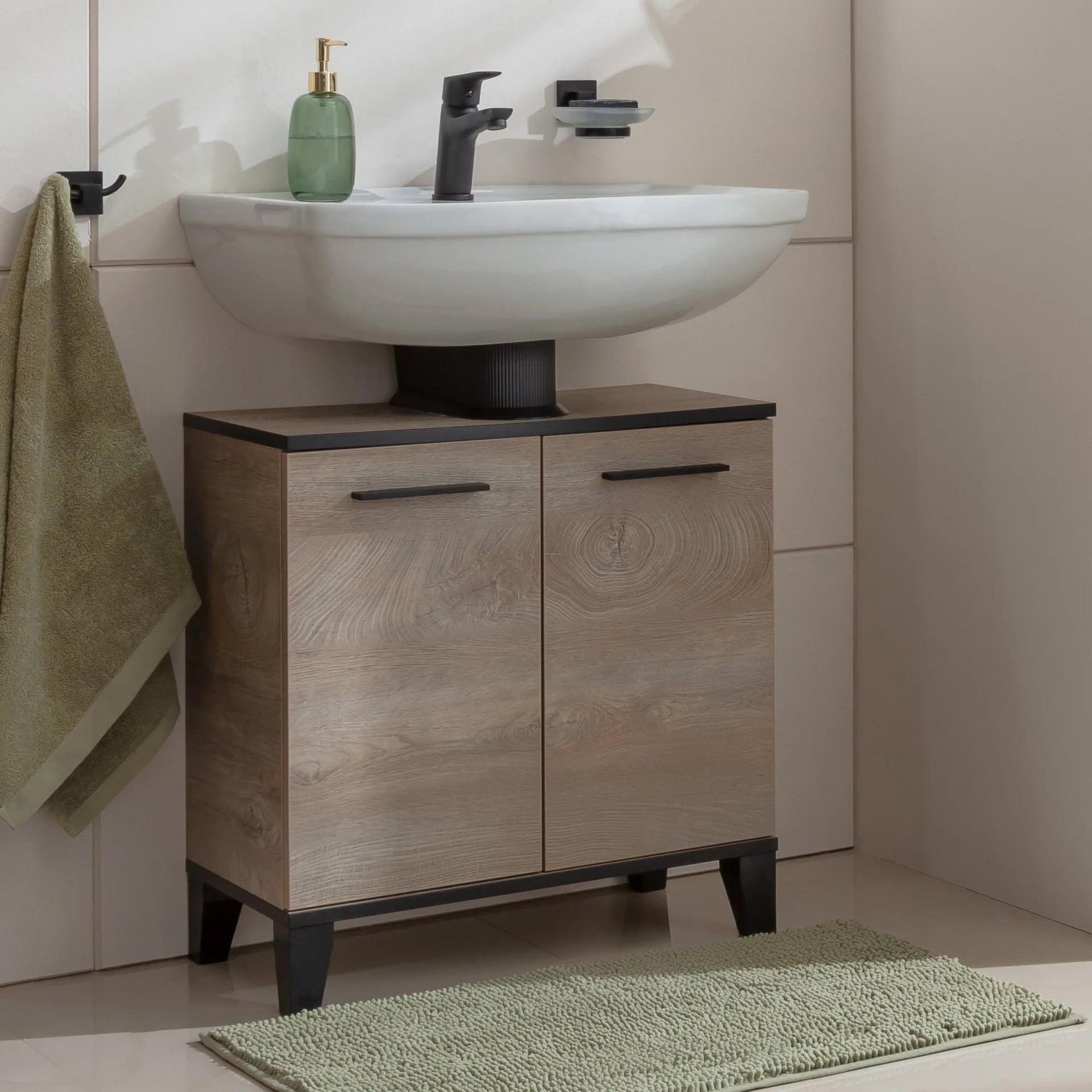 FACKELMANN TE-A Waschbeckenunterschrank 60 cm breit, Braun hell, mit Füßen