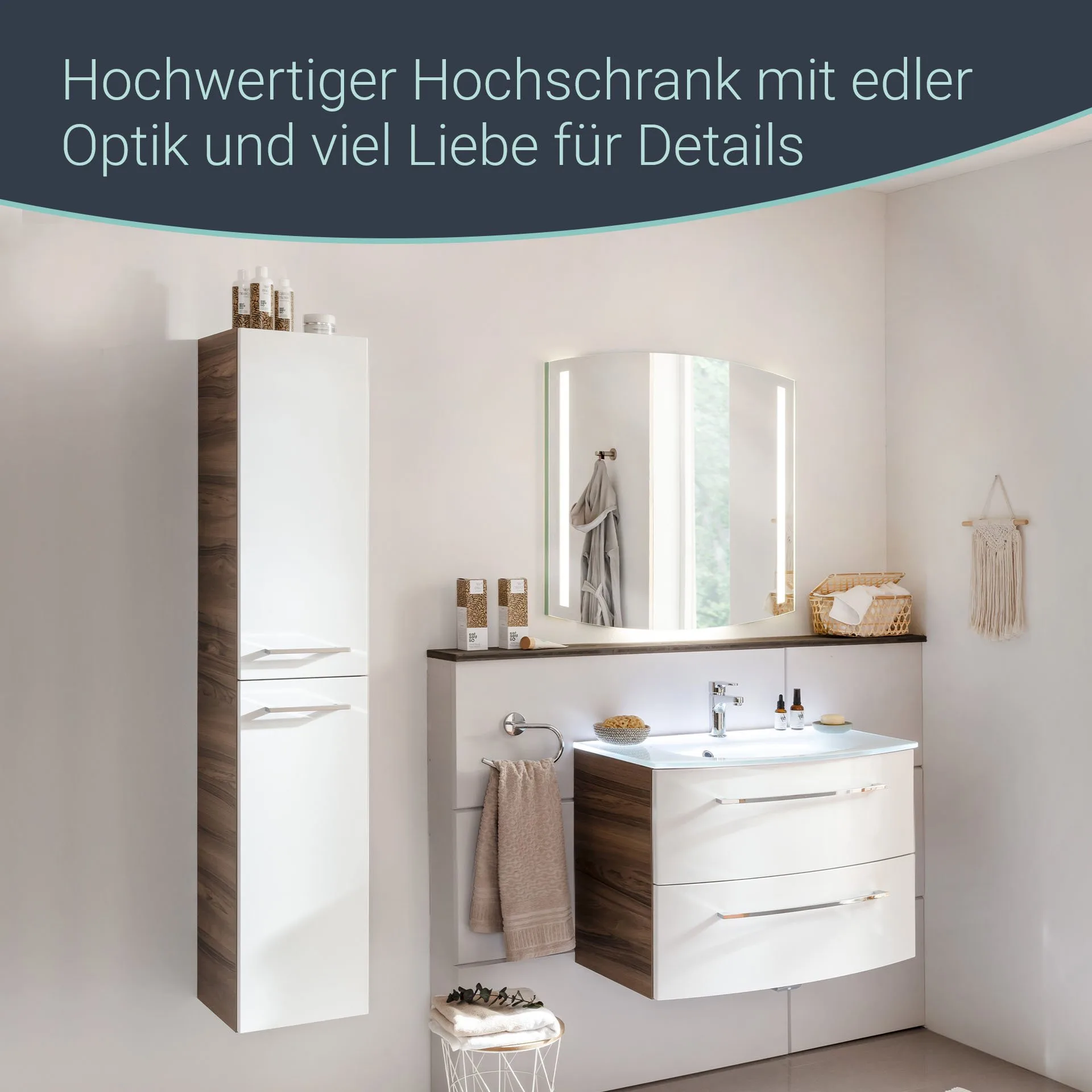 FACKELMANN VERONA Hochschrank 30 cm breit, Weiß Hochglanz/Braun Dunkel, Türanschlag links