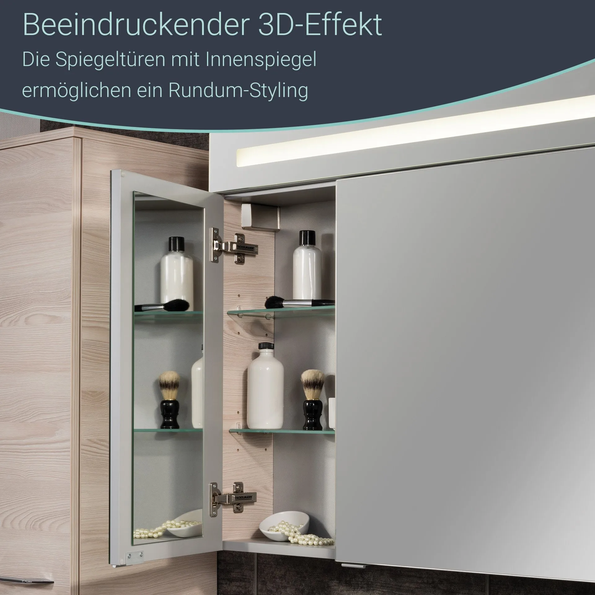 FACKELMANN B.CLEVER LED Spiegelschrank 120 cm breit, Braun hell, 2 Türen