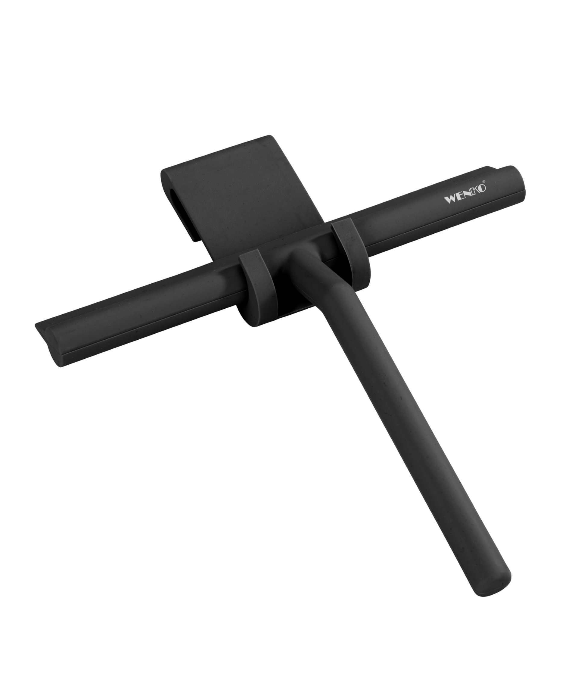 WENKO MOLA Duschabzieher, Schwarz, mit Wandhalterung, Edelstahl umantelt mit Silikon