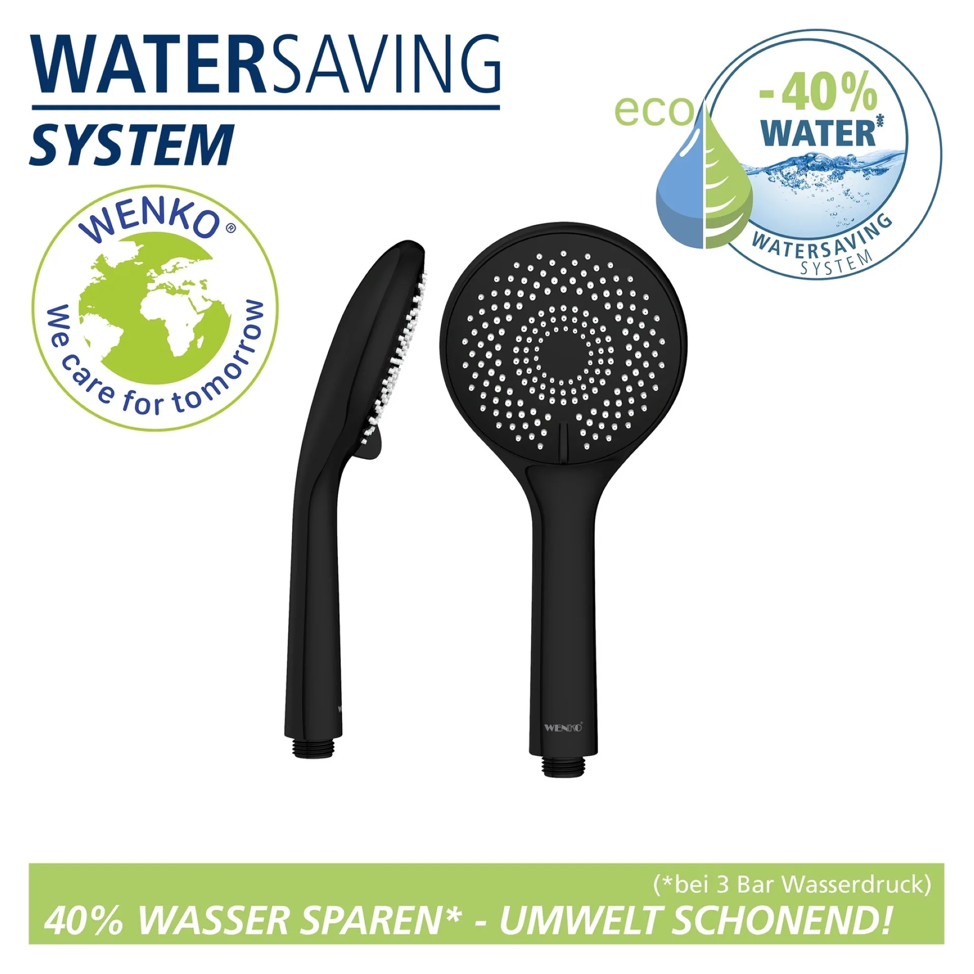 WENKO Stangenbrause Set 70 cm, Schwarz, mit Wassersparsystem, 3 verschiedene Wasserstrahlarten, Edelstahl