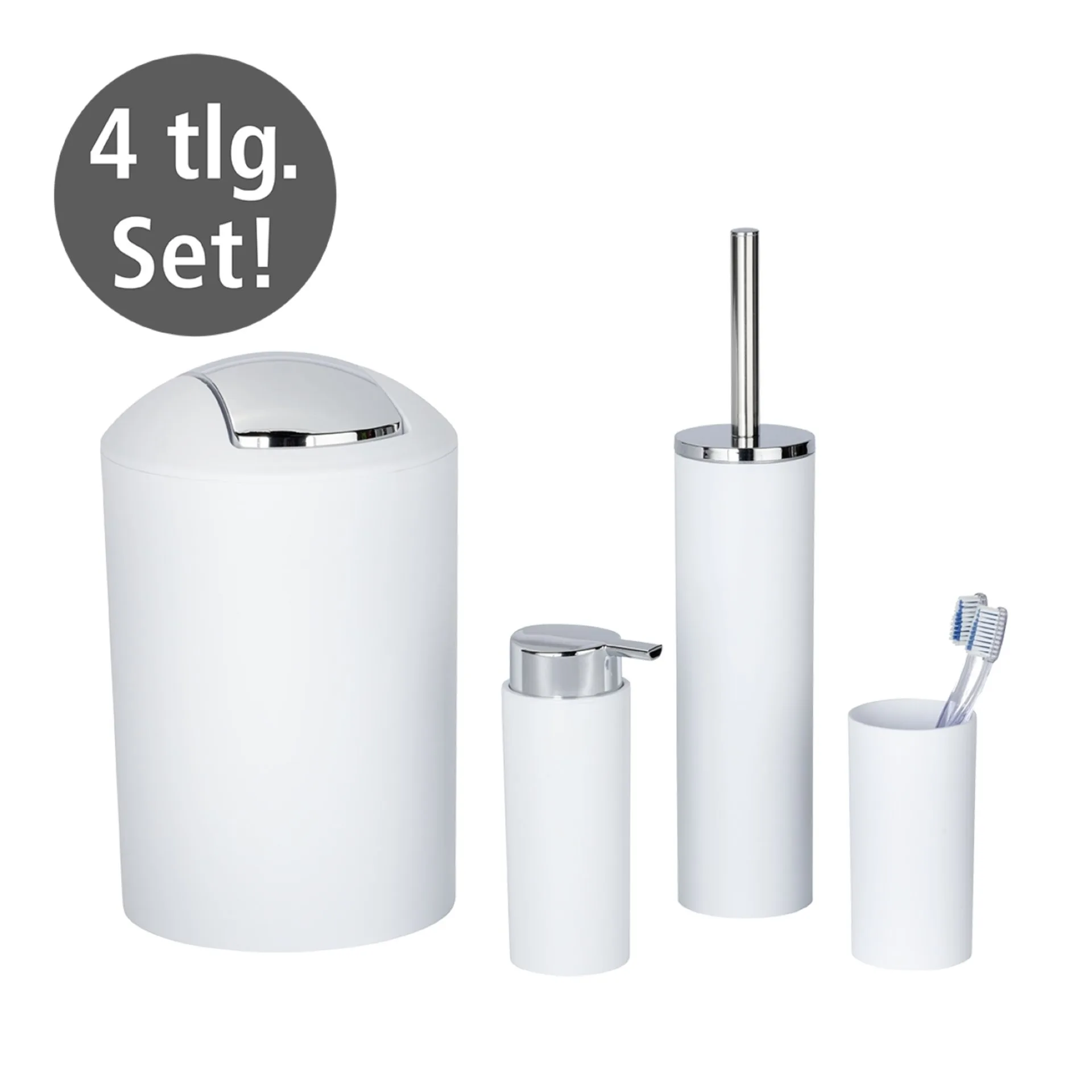 WENKO CALVO Accessoire Set, Weiß, Zahnputzbecher, Seifenspender, WC-Garnitur, Kosmetikeimer