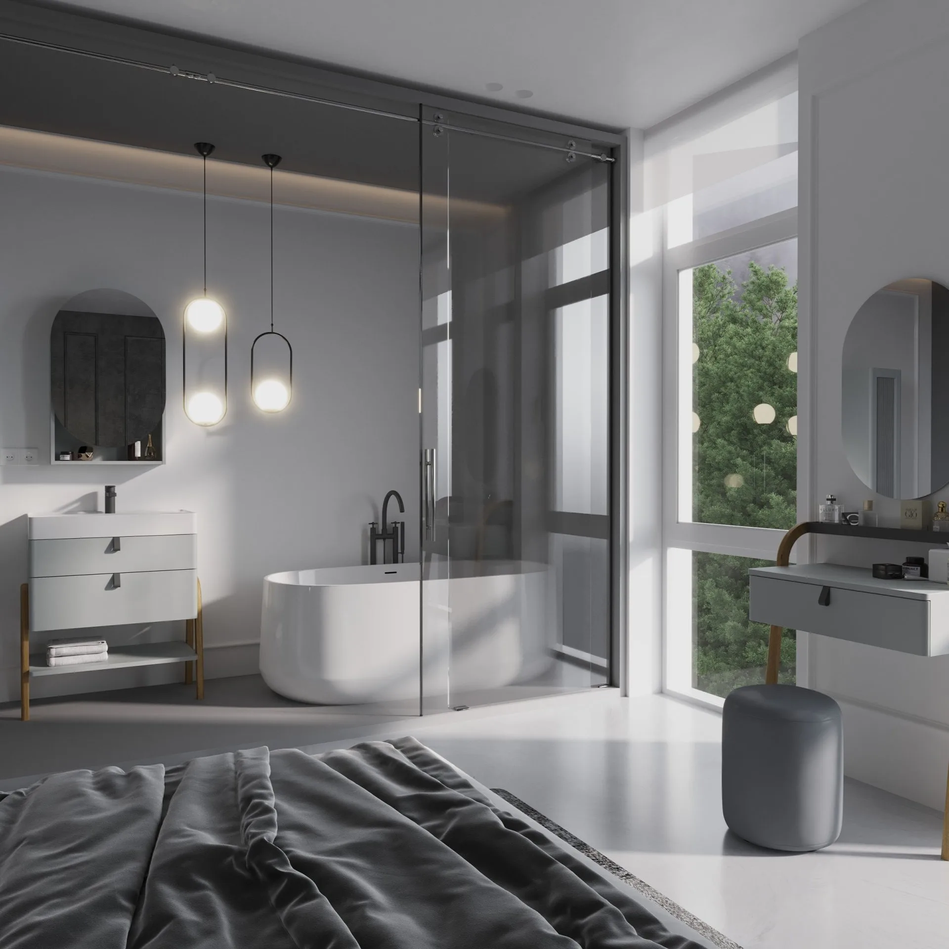 BADEDU PINA Waschbecken mit Unterschrank 70 cm breit, Grau, Waschbecken Gussmarmor Weiß, mit Füßen