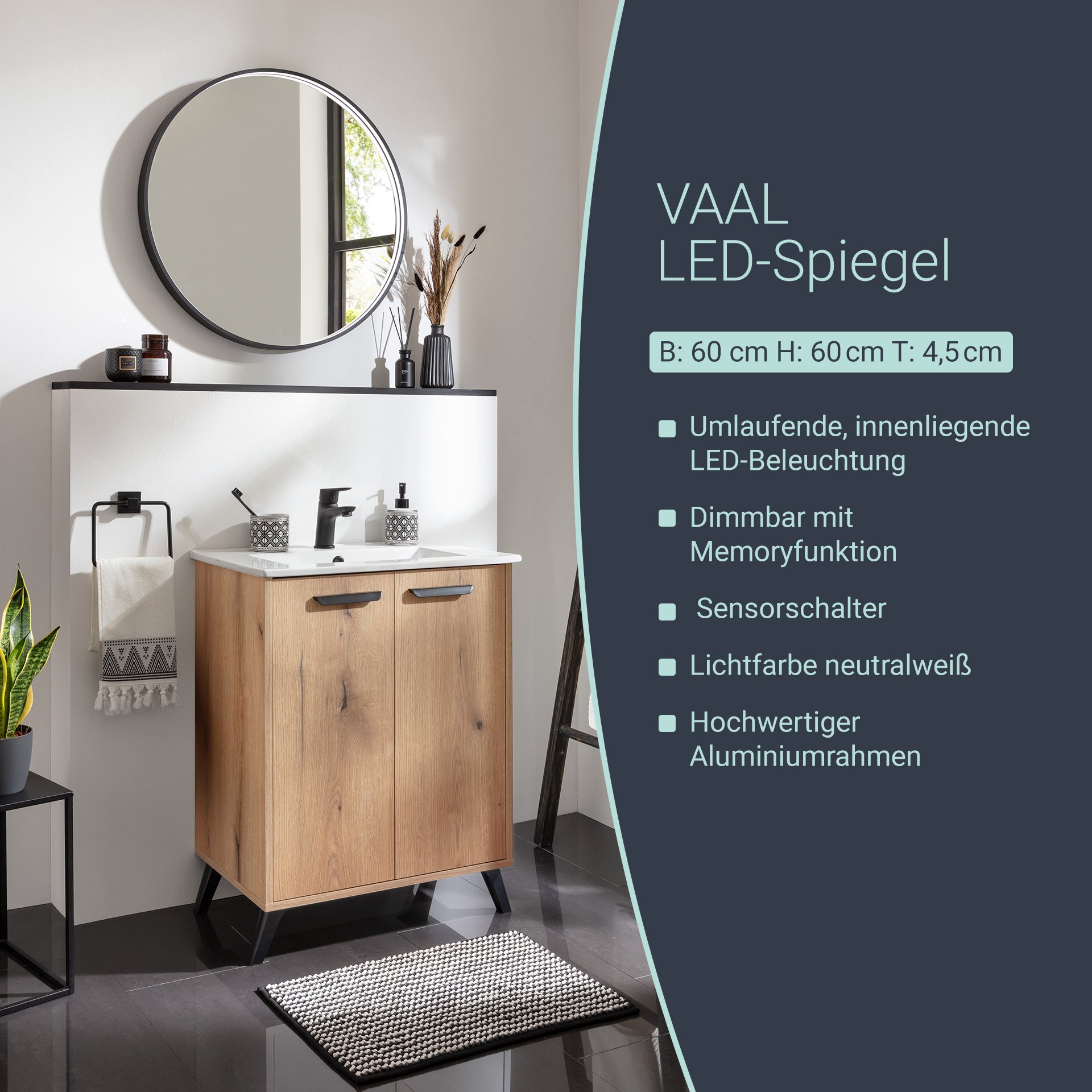 BADEDU VAAL LED Spiegel Ø 60 cm, rund, Schwarz, Sensor