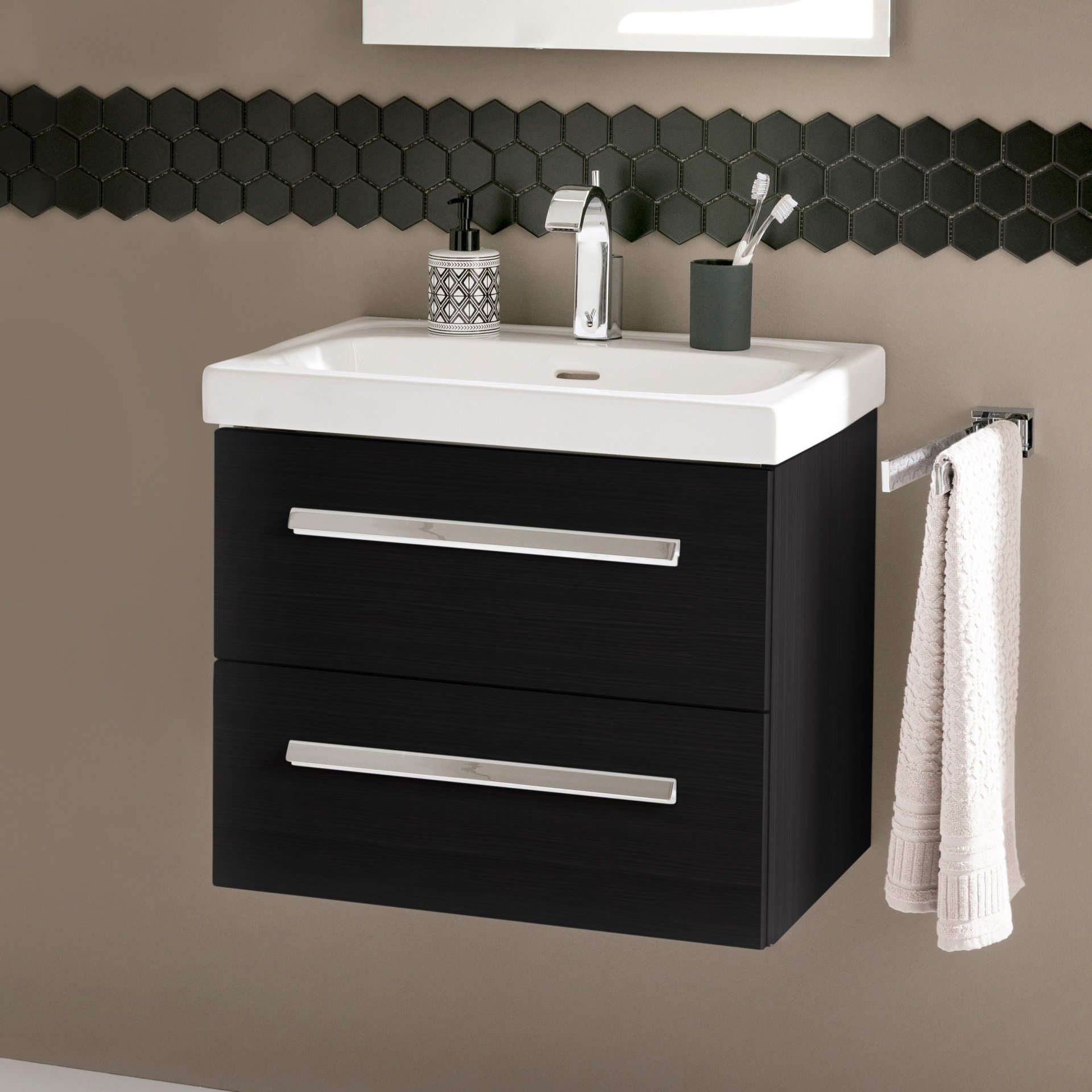 LANZET K1 Waschbecken mit Untershrank 61 cm breit, Anthrazit Holzoptik, Waschbecken Keramik Weiß