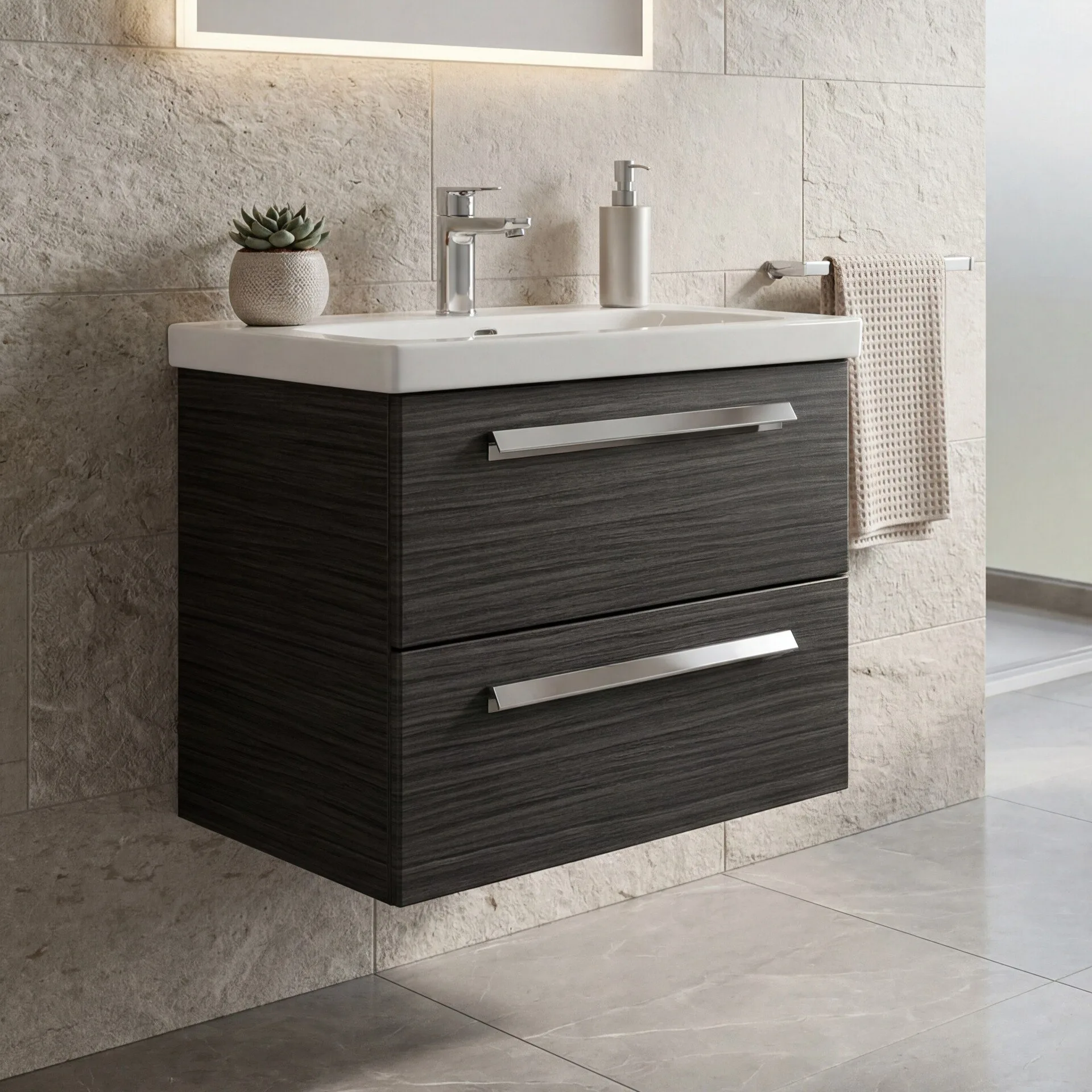 LANZET K1 Waschbecken mit Untershrank 61 cm breit, Anthrazit Holzoptik, Waschbecken Keramik Weiß