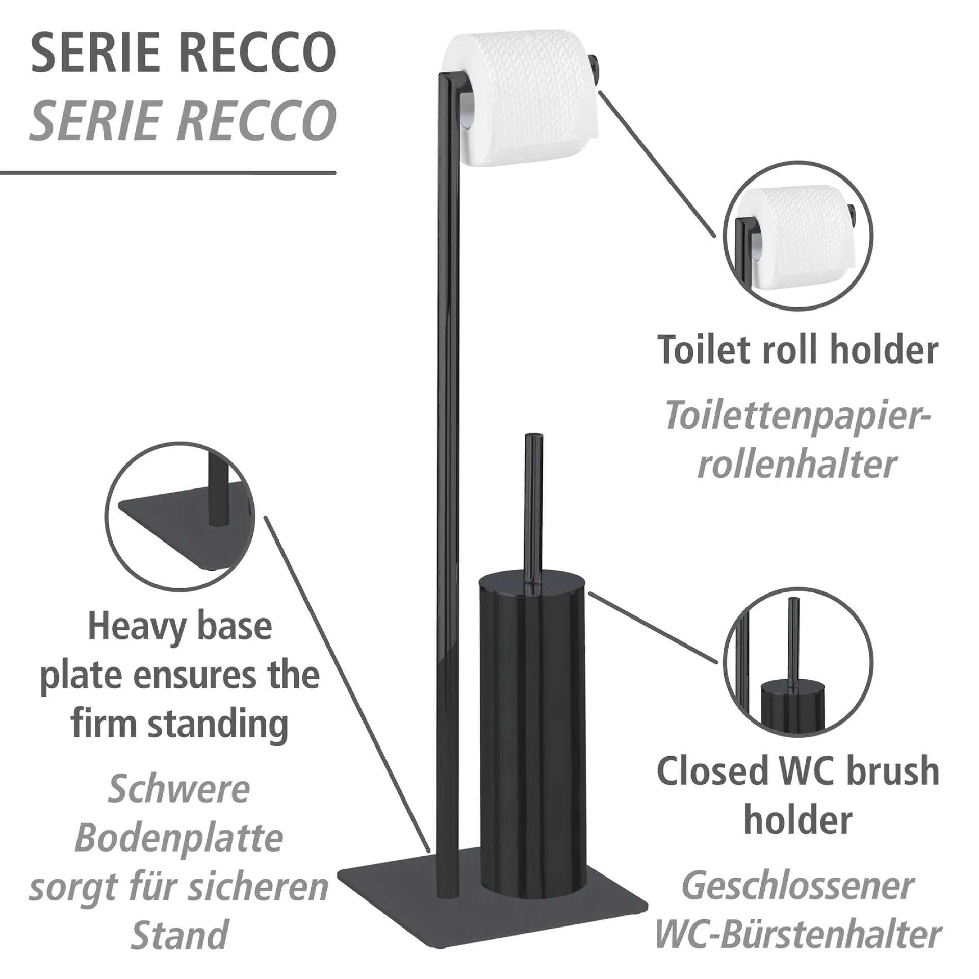 WENKO RECCO WC-Garnitur, Schwarz, Edelstahl, mit Toilettenpapierhalter, stehend