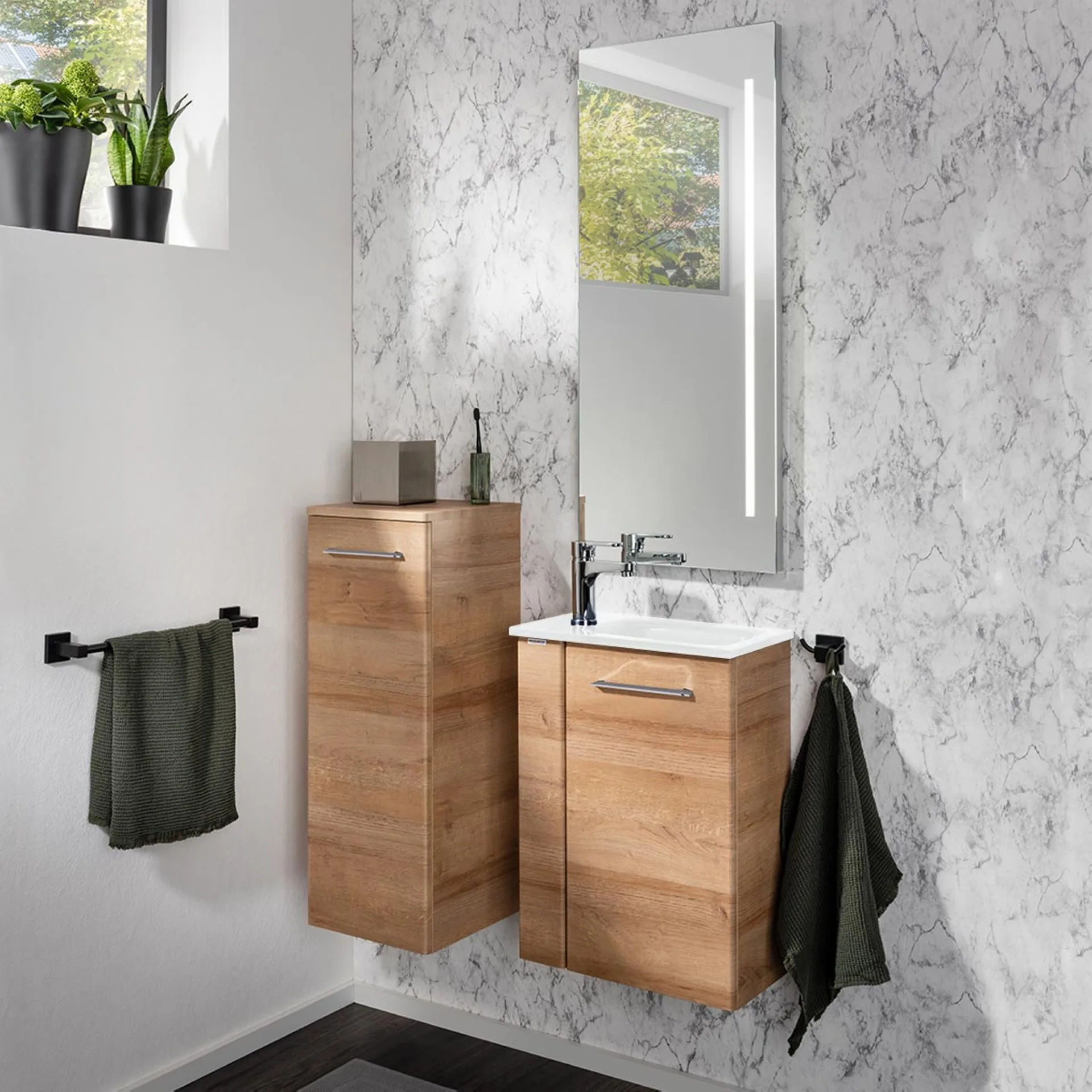 FACKELMANN SBC MILANO Gäste WC Waschtisch Set 45 cm breit, Braun hell, Waschbecken Glas Weiß, Türanschlag rechts
