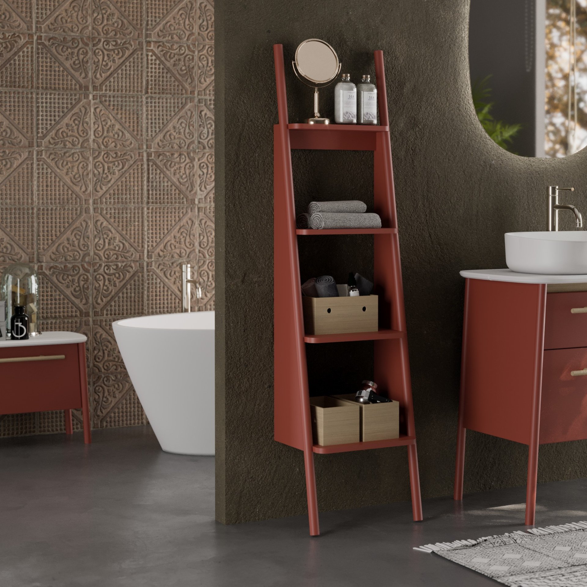 BADEDU TANA Badregal 40 cm breit, Rot matt, 4 Ablagen