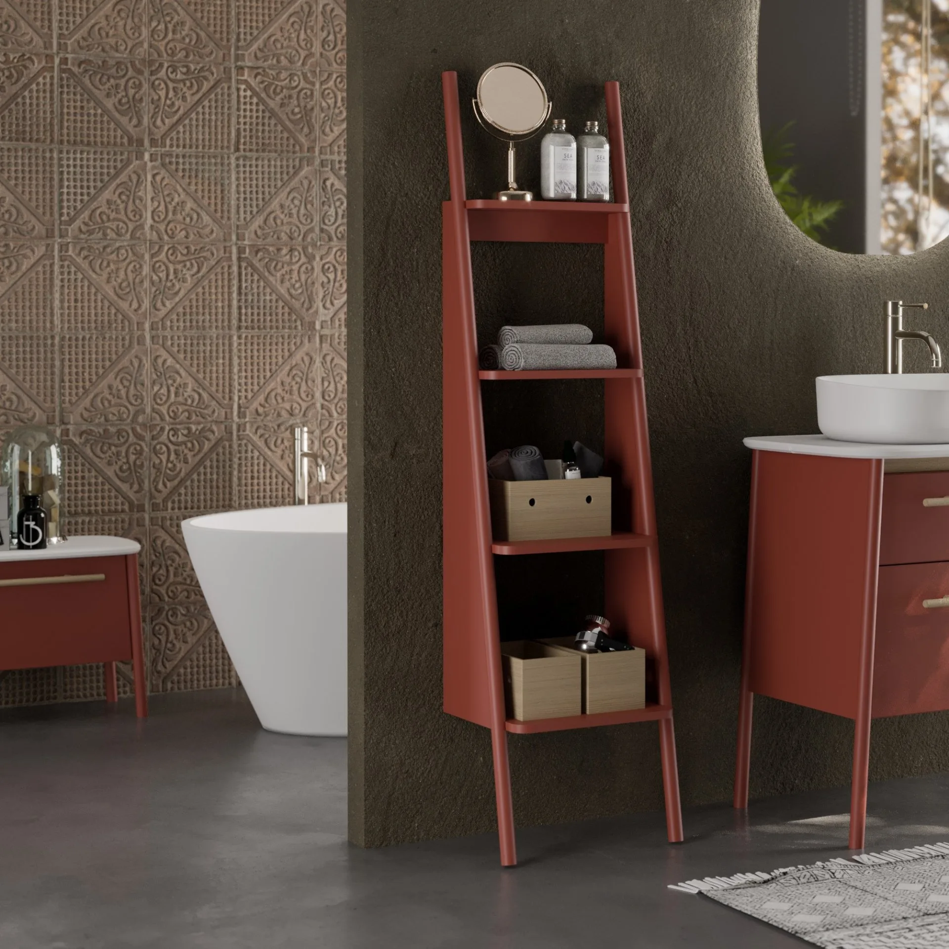 BADEDU TANA Badregal 40 cm breit, Rot matt, 4 Ablagen