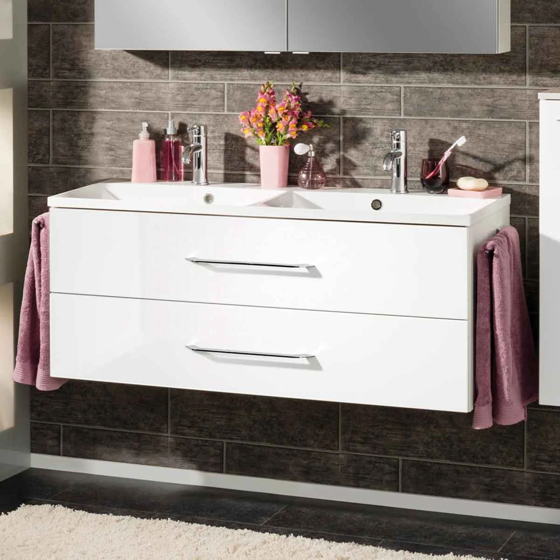 FACKELMANN B.CLEVER Waschbecken mit Unterschrank 120 cm, Weiß, Doppelwaschbecken Gussmarmor Weiß