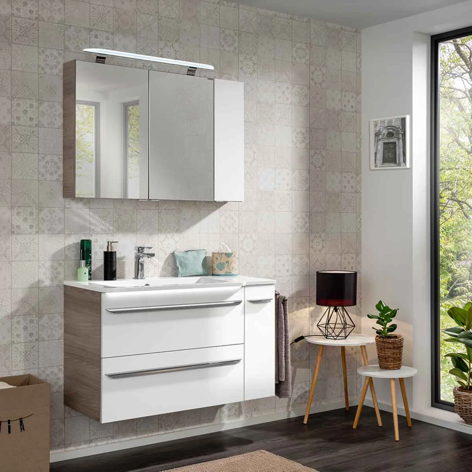FACKELMANN LUXOR Waschbecken mit Unterschrank 100 cm breit, Weiß/Braun hell, Waschbecken Gussmarmor Weiß + Unterschrank Türanschlag links