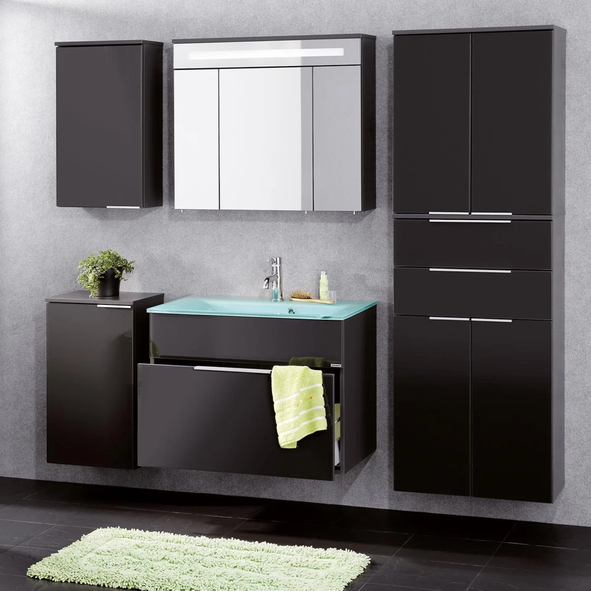 FACKELMANN KARA Waschbecken mit Unterschrank 80 cm breit, Anthrazit, Waschbecken Glas Mint, 1 Schublade