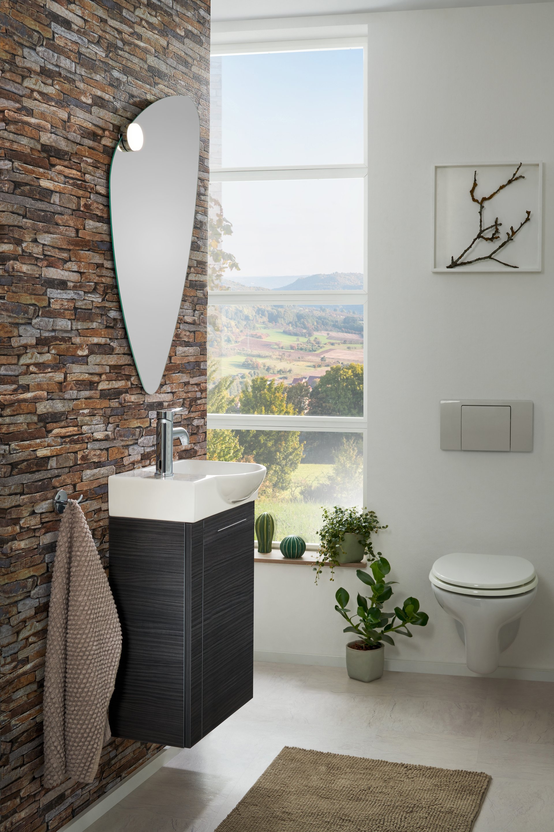 FACKELMANN SBC B.PERFEKT Gäste WC Waschtisch Set 45 cm breit, Anthrazit Holzoptik, Waschbecken Keramik Weiß, Türanschlag rechts