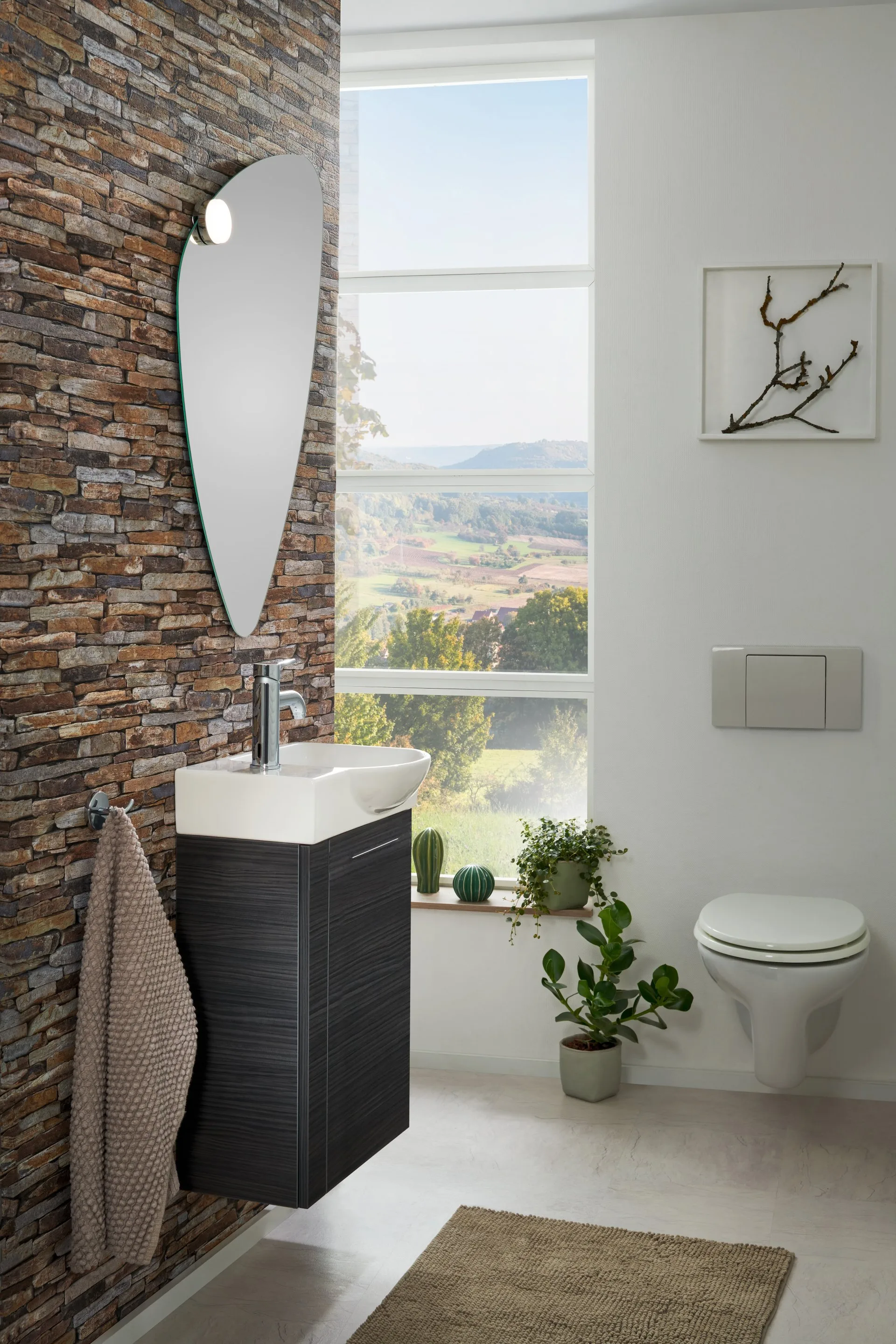 FACKELMANN SBC B.PERFEKT Gäste WC Waschtisch Set 45 cm breit, Anthrazit Holzoptik, Waschbecken Keramik Weiß, Türanschlag rechts