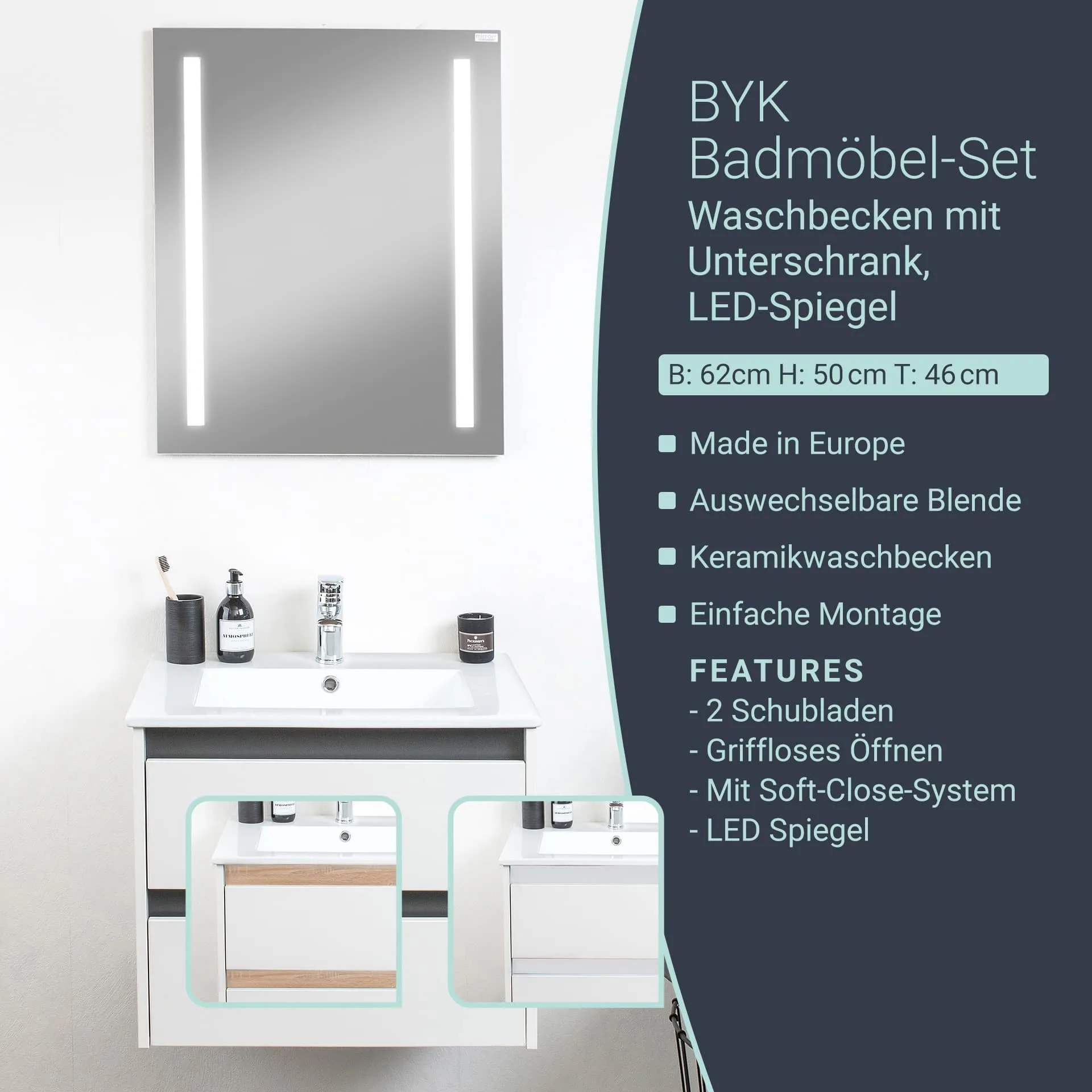 BADEDU BYK Waschtisch Set mit Spiegel 60 cm breit, Weiß/Braun/Anthrazit, Waschbecken Keramik Weiß, Blende tauschbar