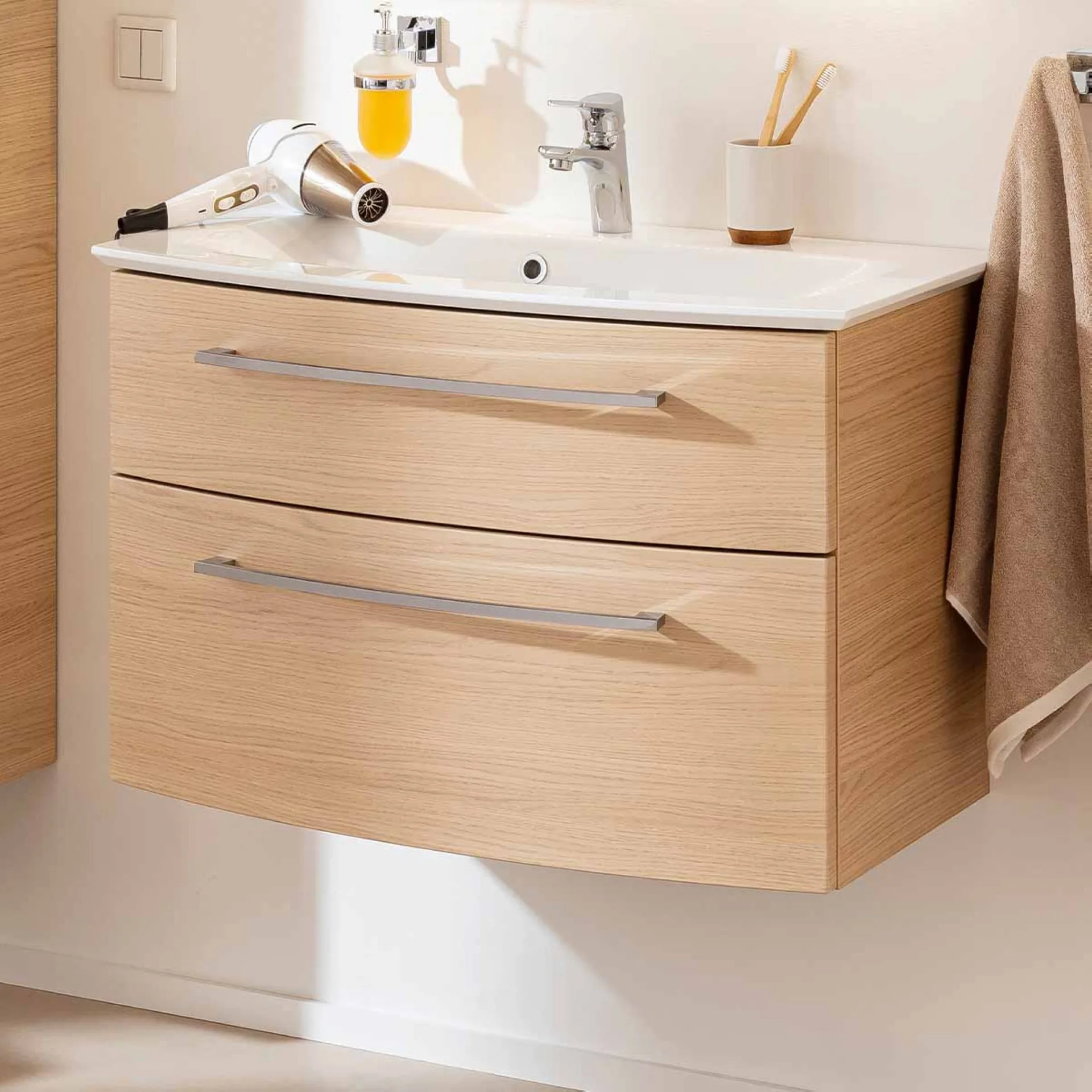 FACKELMANN B.STYLE Waschbecken mit Unterschrank 83 cm breit, Braun, Waschbecken Gussmarmor Weiß