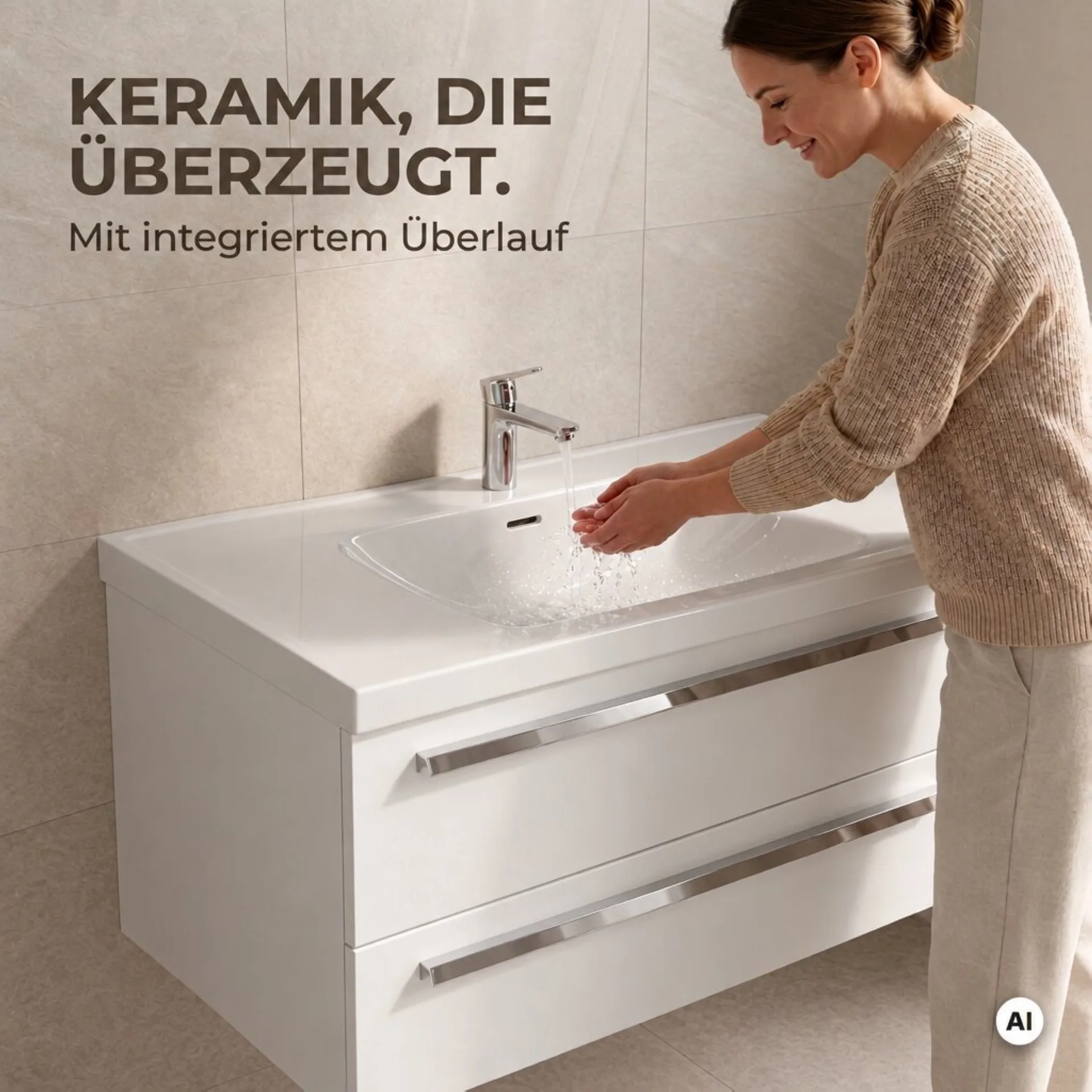 BADEDU TESSANO Waschbecken mit Unterschrank 120 cm breit, Weiß, Waschbecken Keramik Weiß