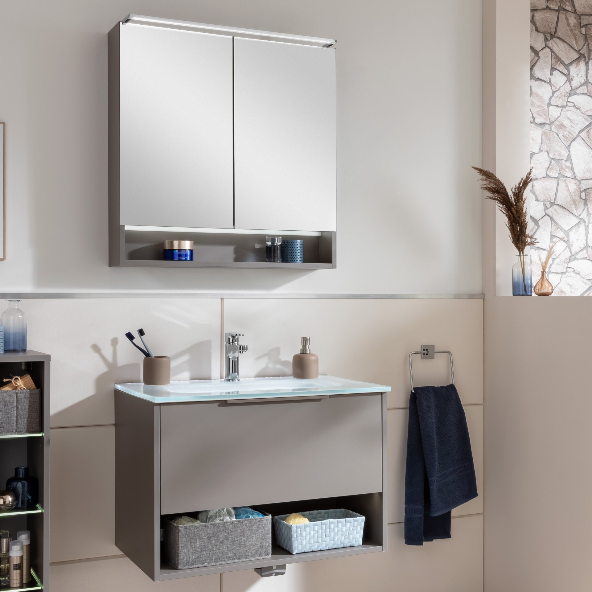 FACKELMANN B.PARIS Waschtisch Set mit Spiegelschrank 70 cm breit, Grau, Waschbecken Glas Weiß