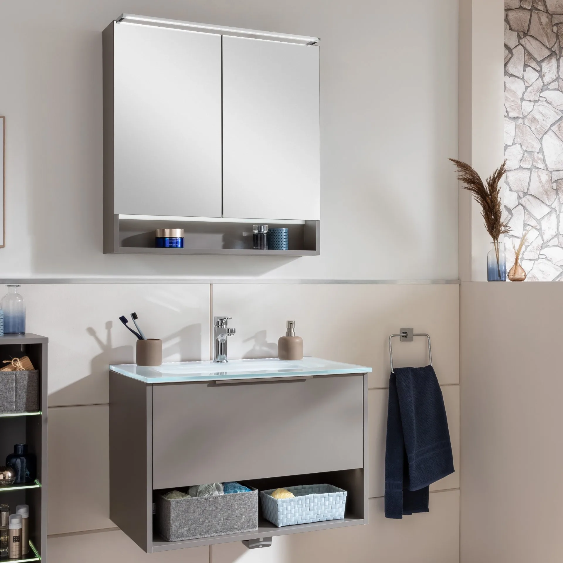 FACKELMANN B.PARIS Waschtisch Set mit Spiegelschrank 70 cm breit, Grau, Waschbecken Glas Weiß