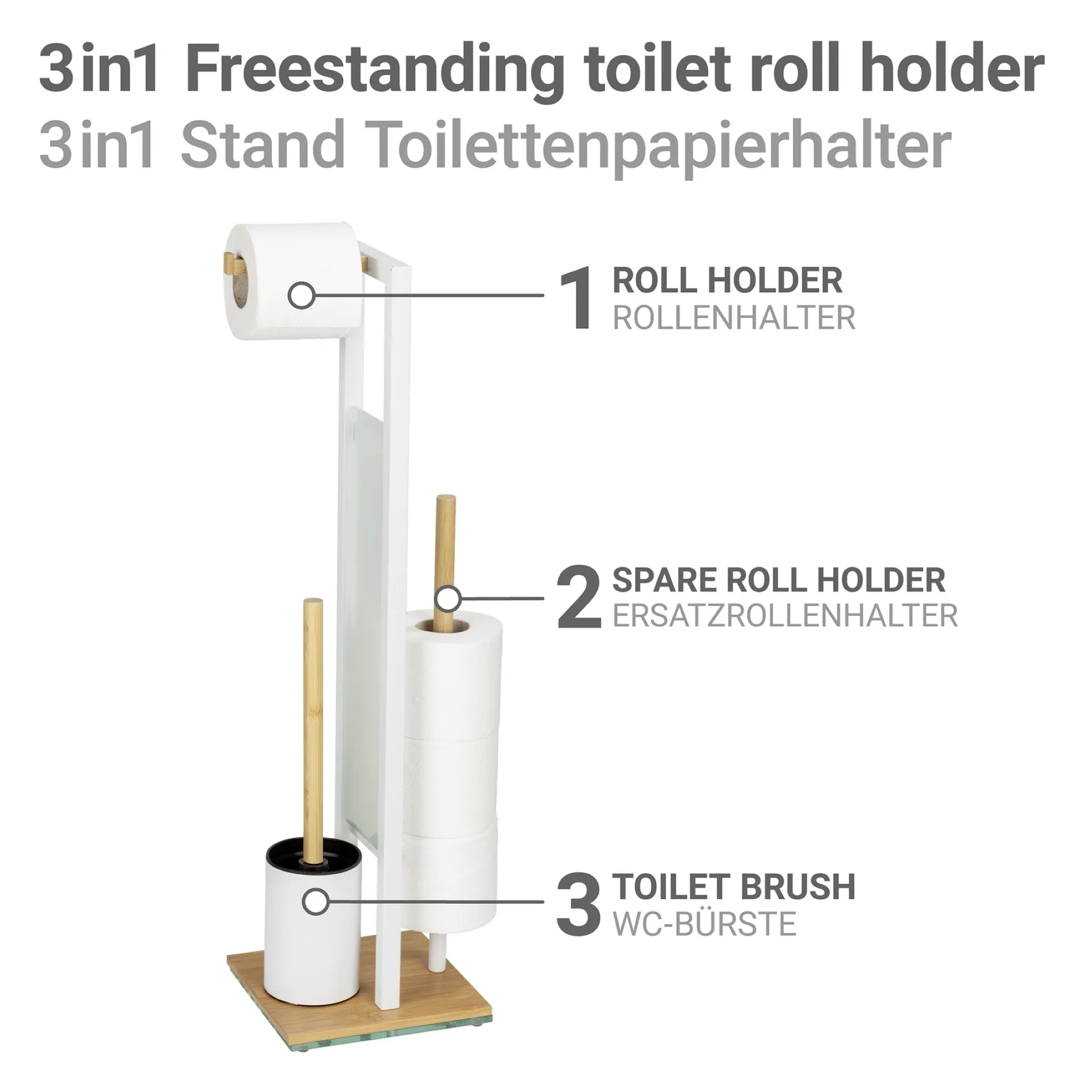 WENKO RIVALTA WC-Garnitur, Braun/Weiß, Bambus, mit Toilettenpapierhalter und Bevorrater, stehend