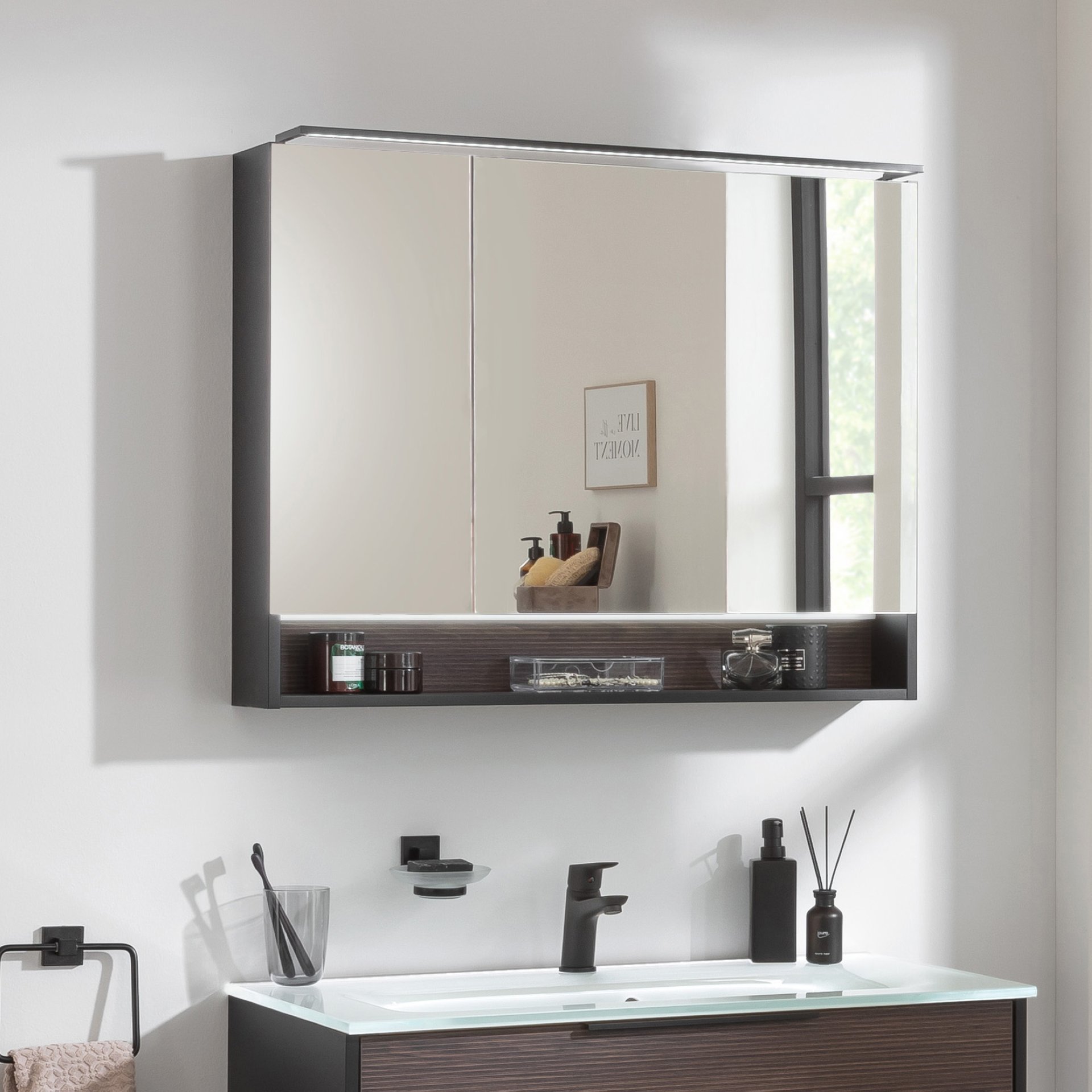 Fackelmann B.PARIS LED-Spiegelschrank 90 cm breit, Braun dunkel/Schwarz