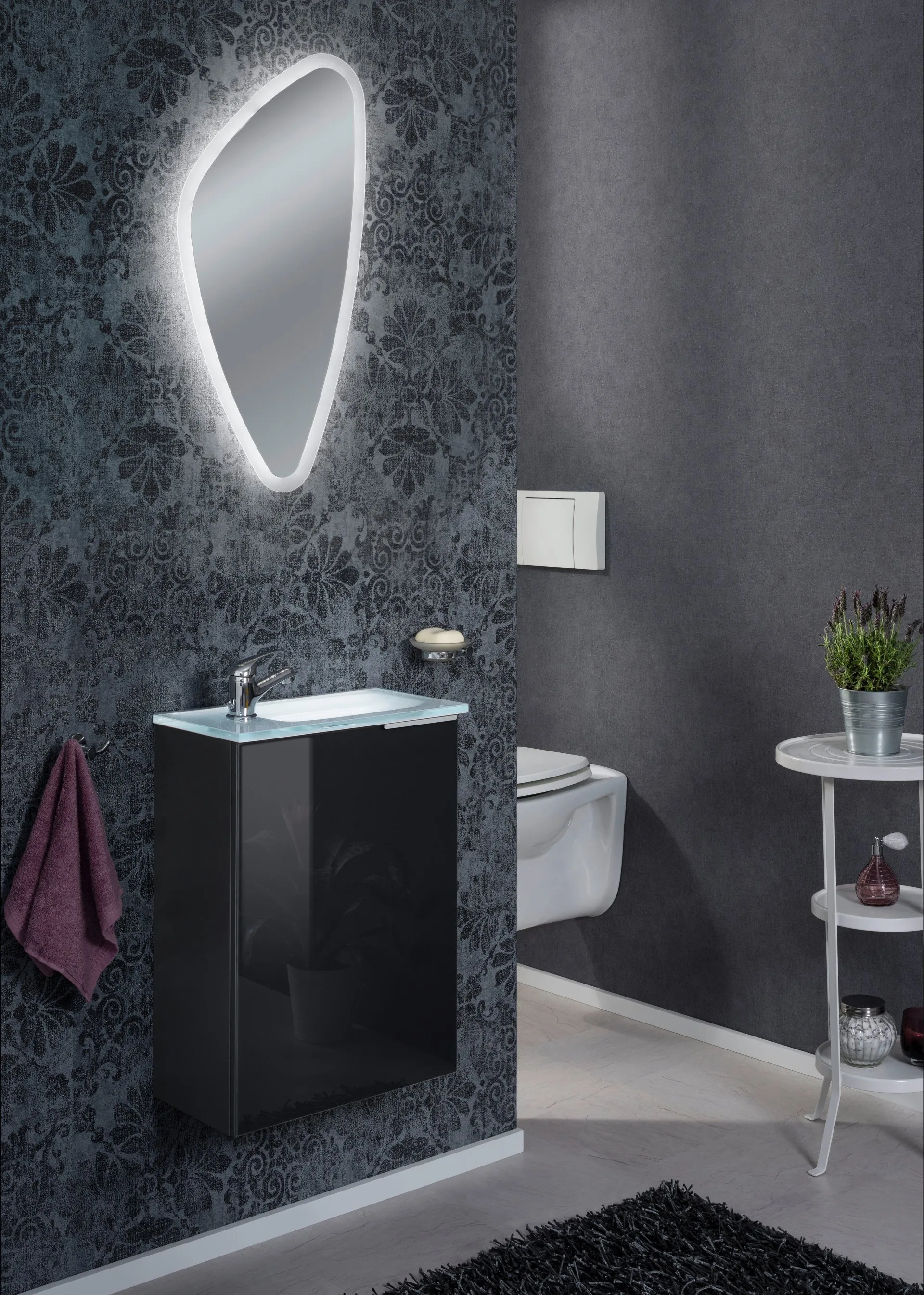 FACKELMANN SBC KARA Gäste WC Waschtisch Set 45 cm breit, Anthrazit, Waschbecken Glas Weiß, Türanschlag links