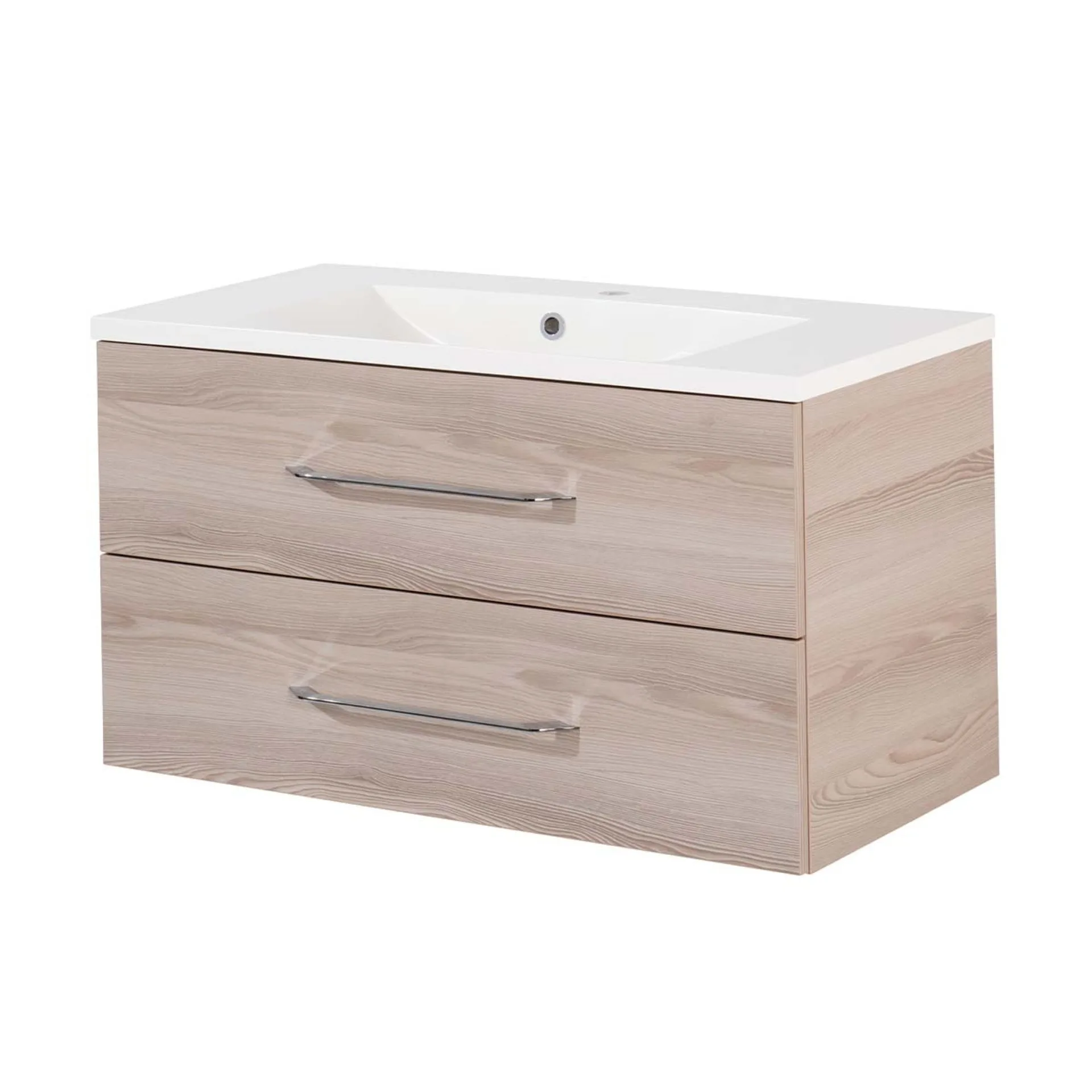 FACKELMANN B.CLEVER Waschbecken mit Unterschrank 90 cm breit, Braun hell, Waschbecken Gussmarmor Weiß