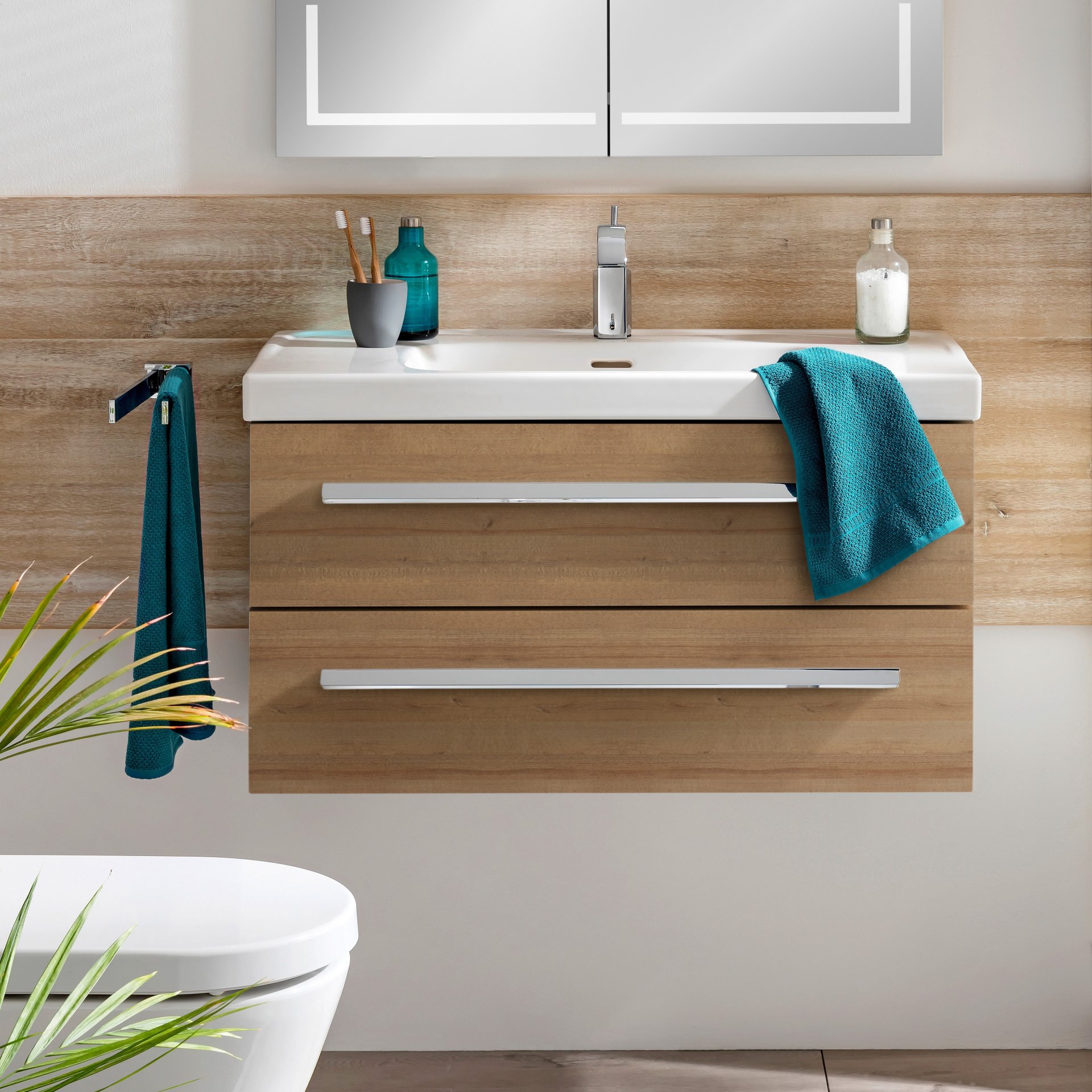 LANZET K1 Waschbeckenunterschrank 90 cm breit, Braun hell