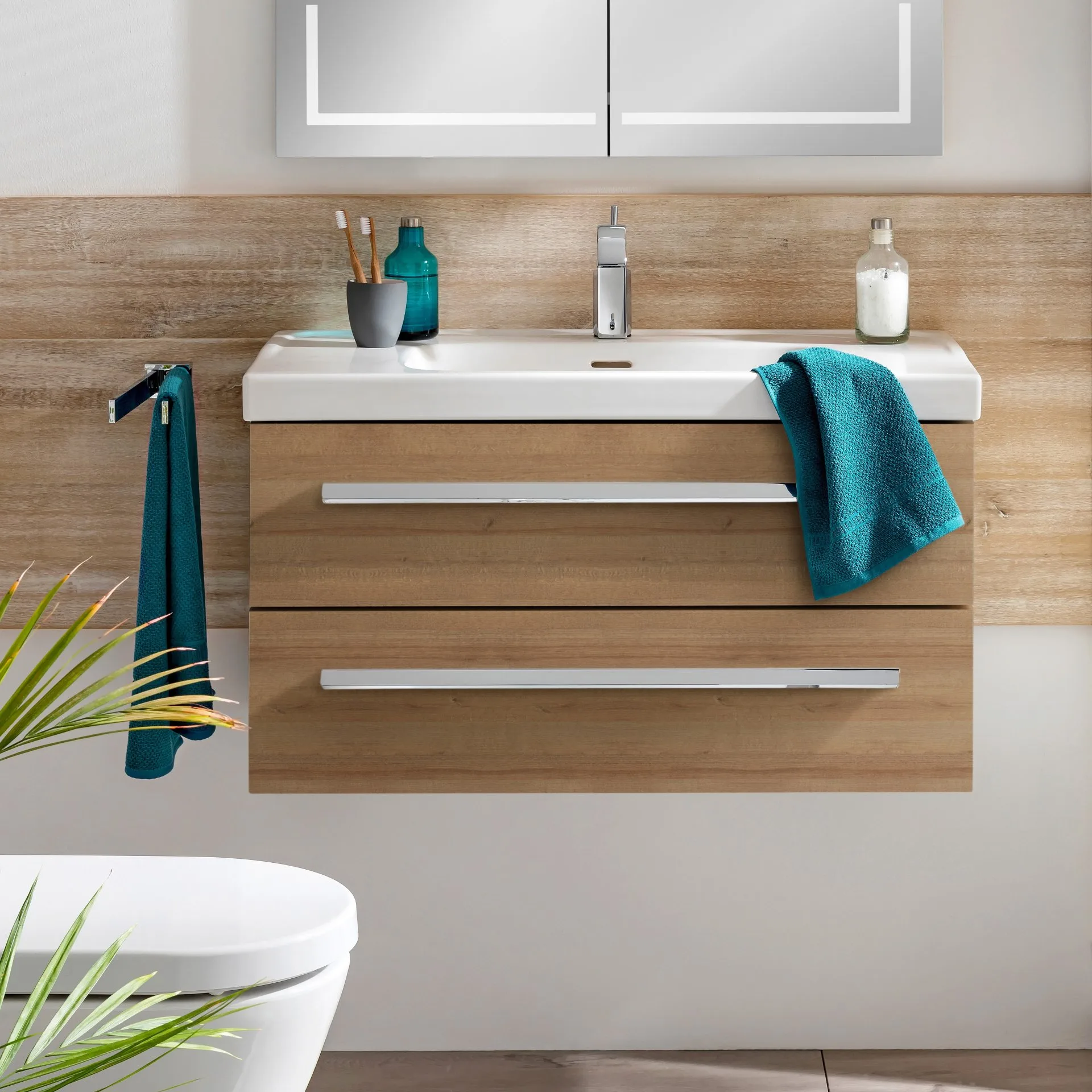 LANZET K1 Waschbeckenunterschrank 90 cm breit, Braun hell