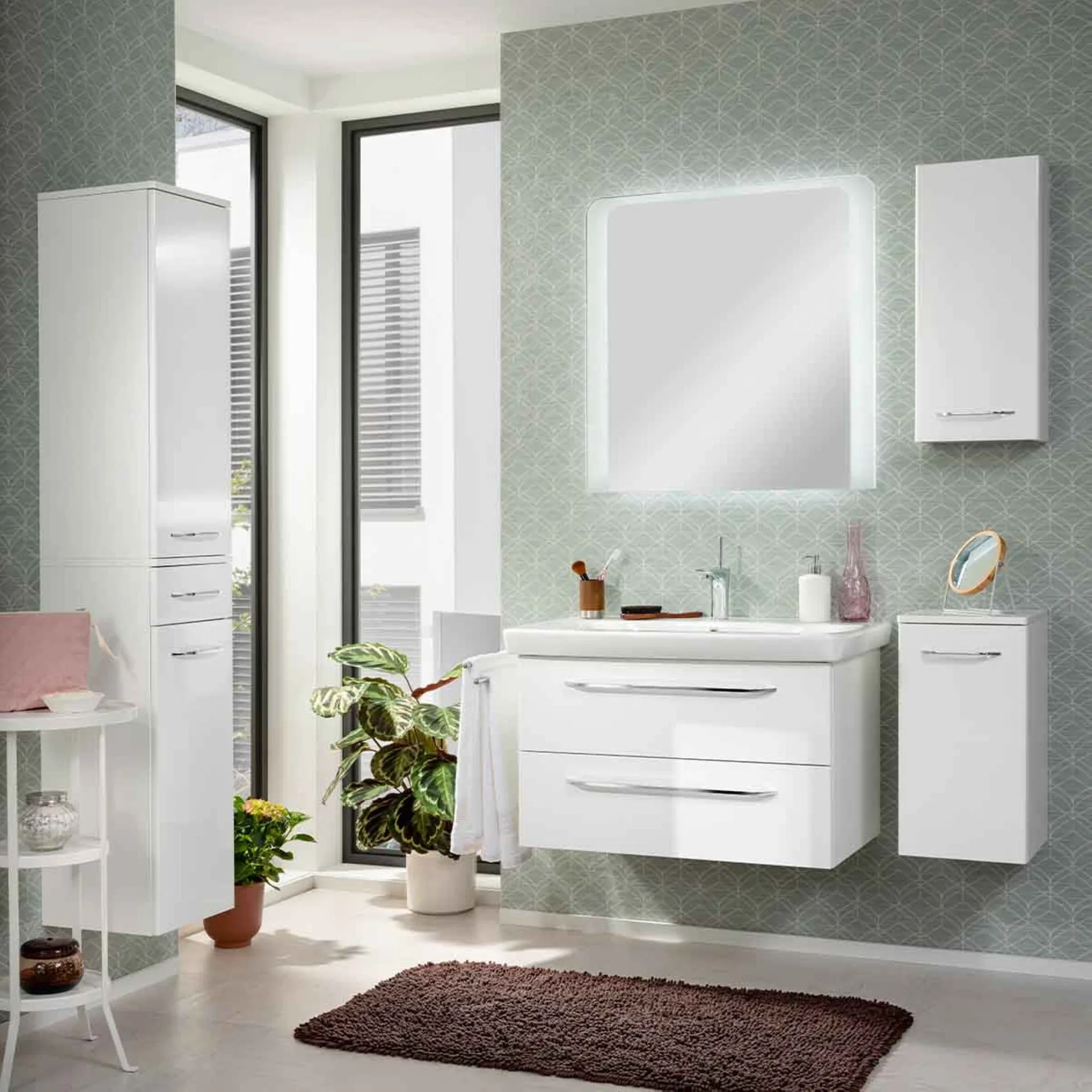 FACKELMANN MILANO Waschbecken mit Unterschrank 88 cm breit, Weiß, Waschbecken Keramik Weiß