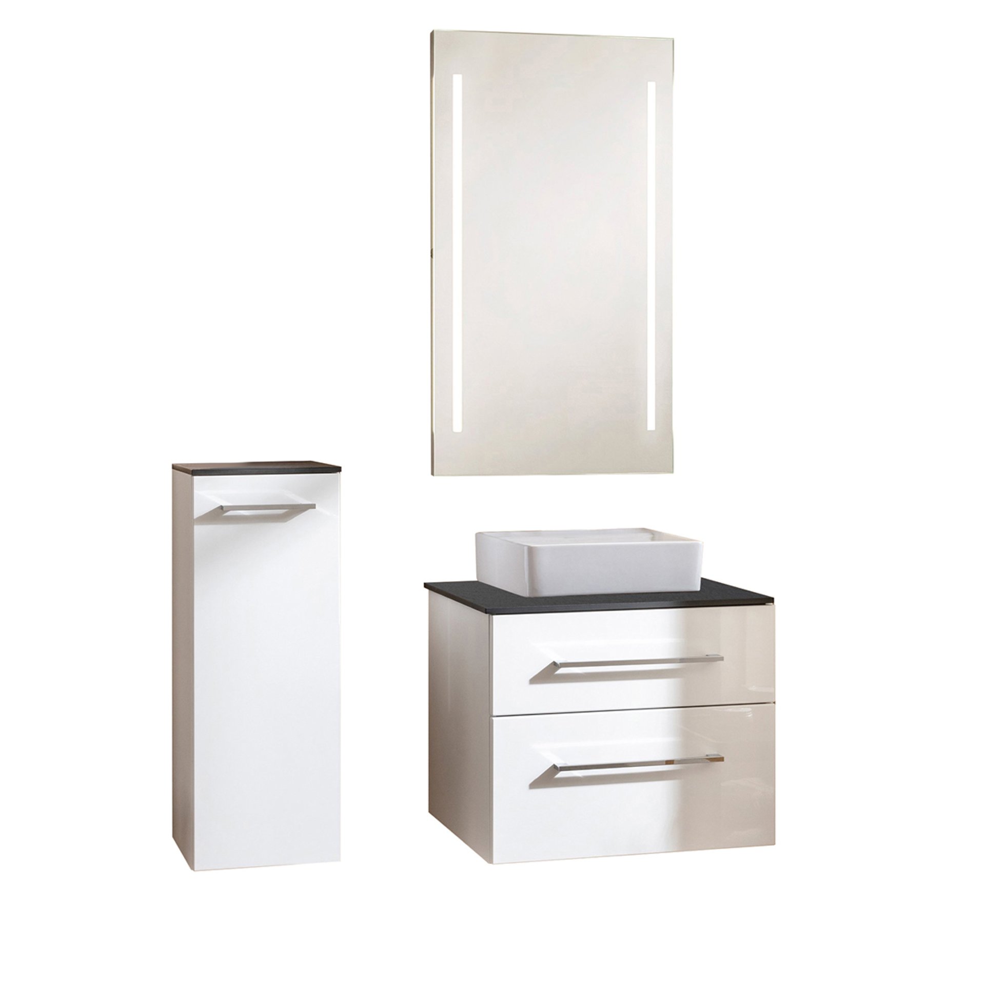 FACKELMANN OXFORD Badmöbel Set 5-teilig 60 cm breit, Weiß, Aufsatzwaschbecken Keramik Weiß + Waschtischplatte + LED Spiegel + Midischrank