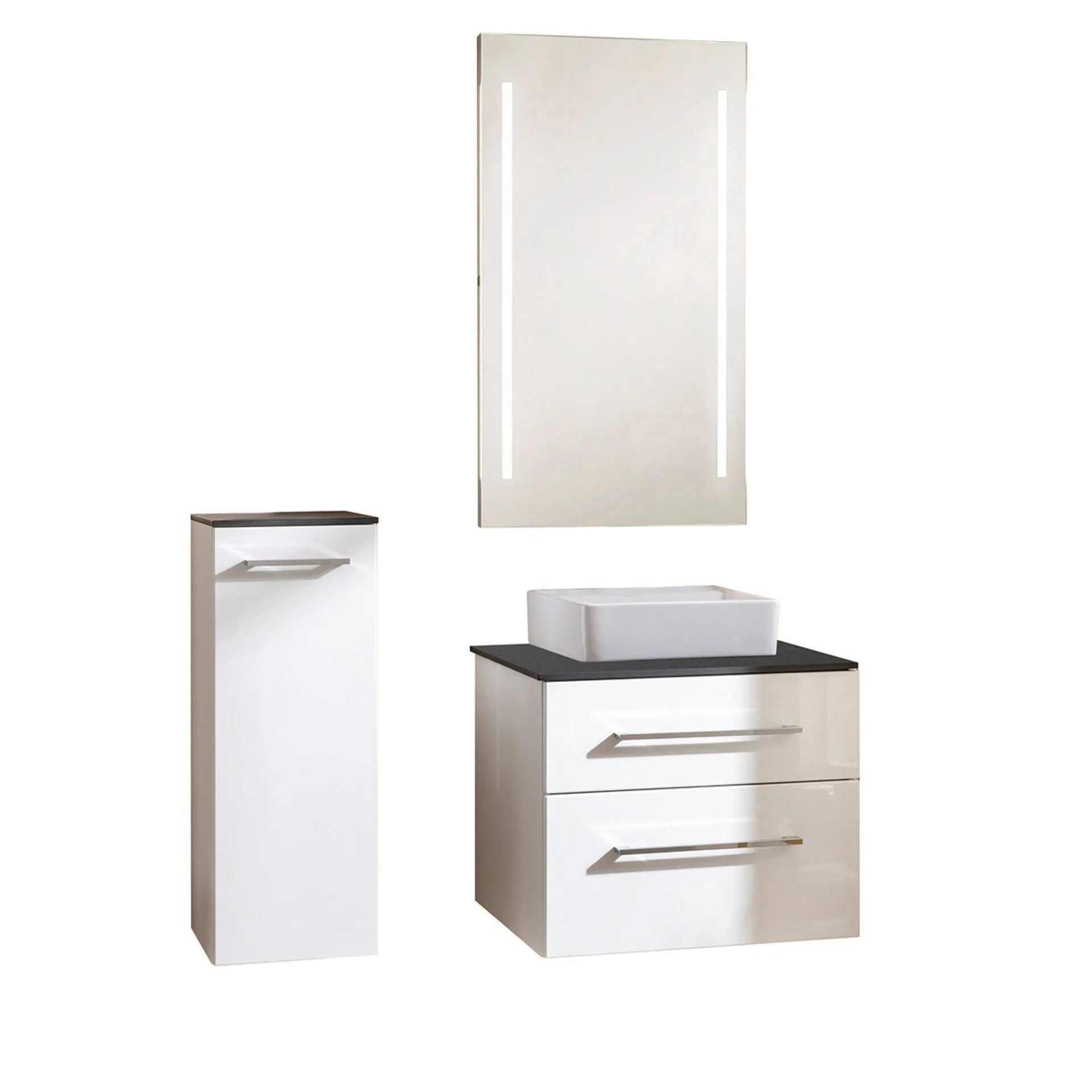FACKELMANN OXFORD Badmöbel Set 5-teilig 60 cm breit, Weiß, Aufsatzwaschbecken Keramik Weiß + Waschtischplatte + LED Spiegel + Midischrank