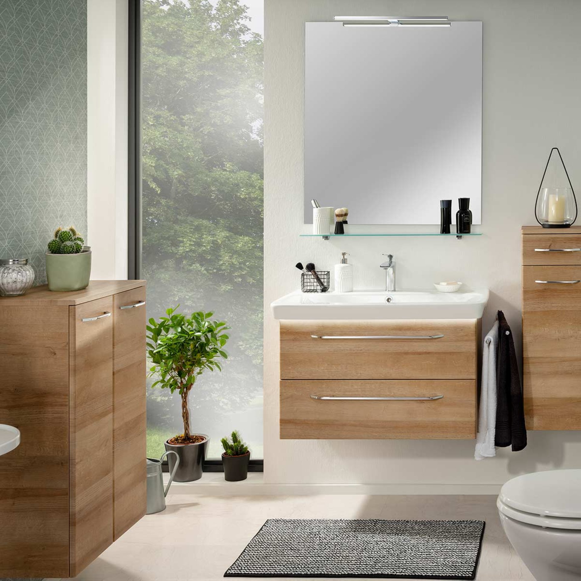 FACKELMANN MILANO Badmöbel Set 7-teilig, 88 cm breit, Braun hell, Waschbecken Keramik, Spiegel+Leuchte+Ablage+ Schränke