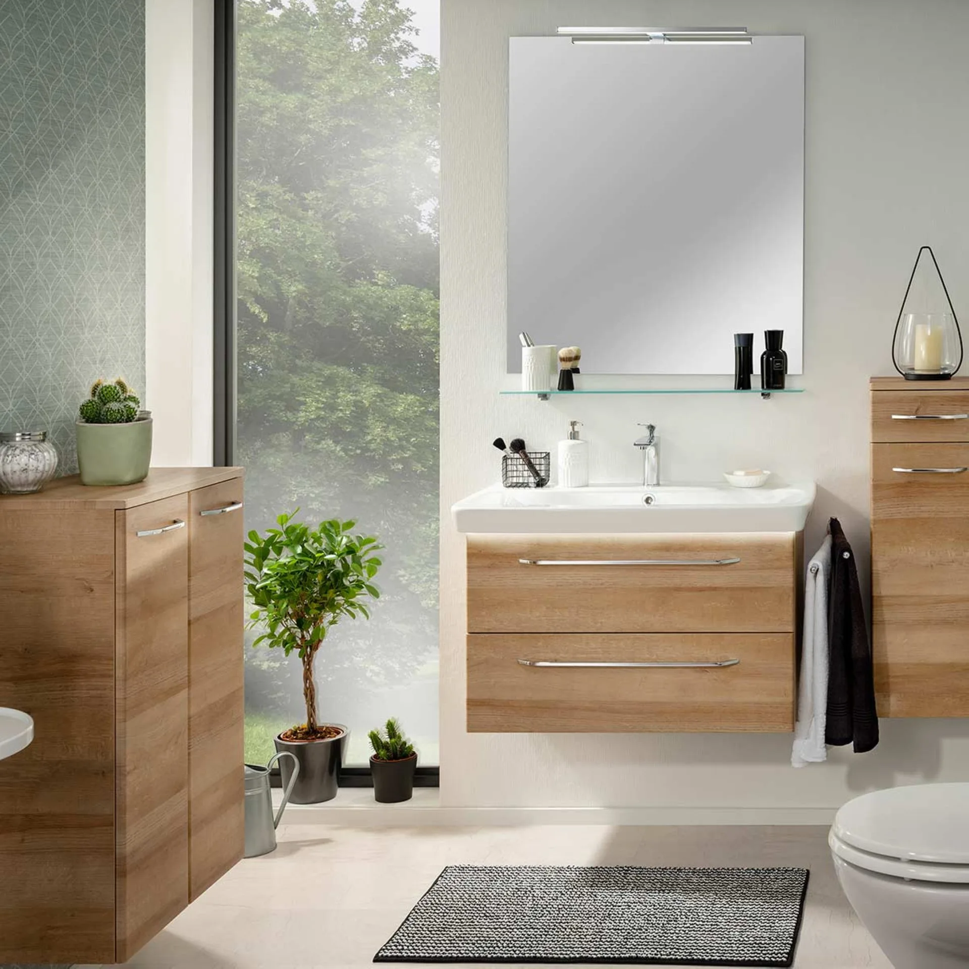 FACKELMANN MILANO Badmöbel Set 7-teilig 88 cm breit, Braun hell, Waschbecken Keramik Weiß + Midischrank + Doppel Midischrank + Glasablage + Spiegel + LED-Aufsatzleuchte