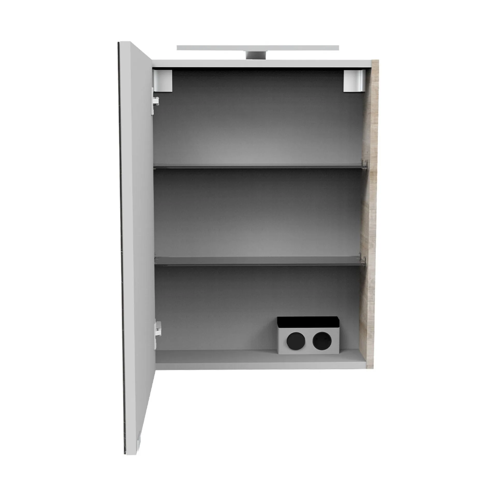 FACKELMANN SBC A-VERO Gäste WC Spiegelschrank 50 cm breit, Braun hell, Türanschlag links + Aufsatzleuchte