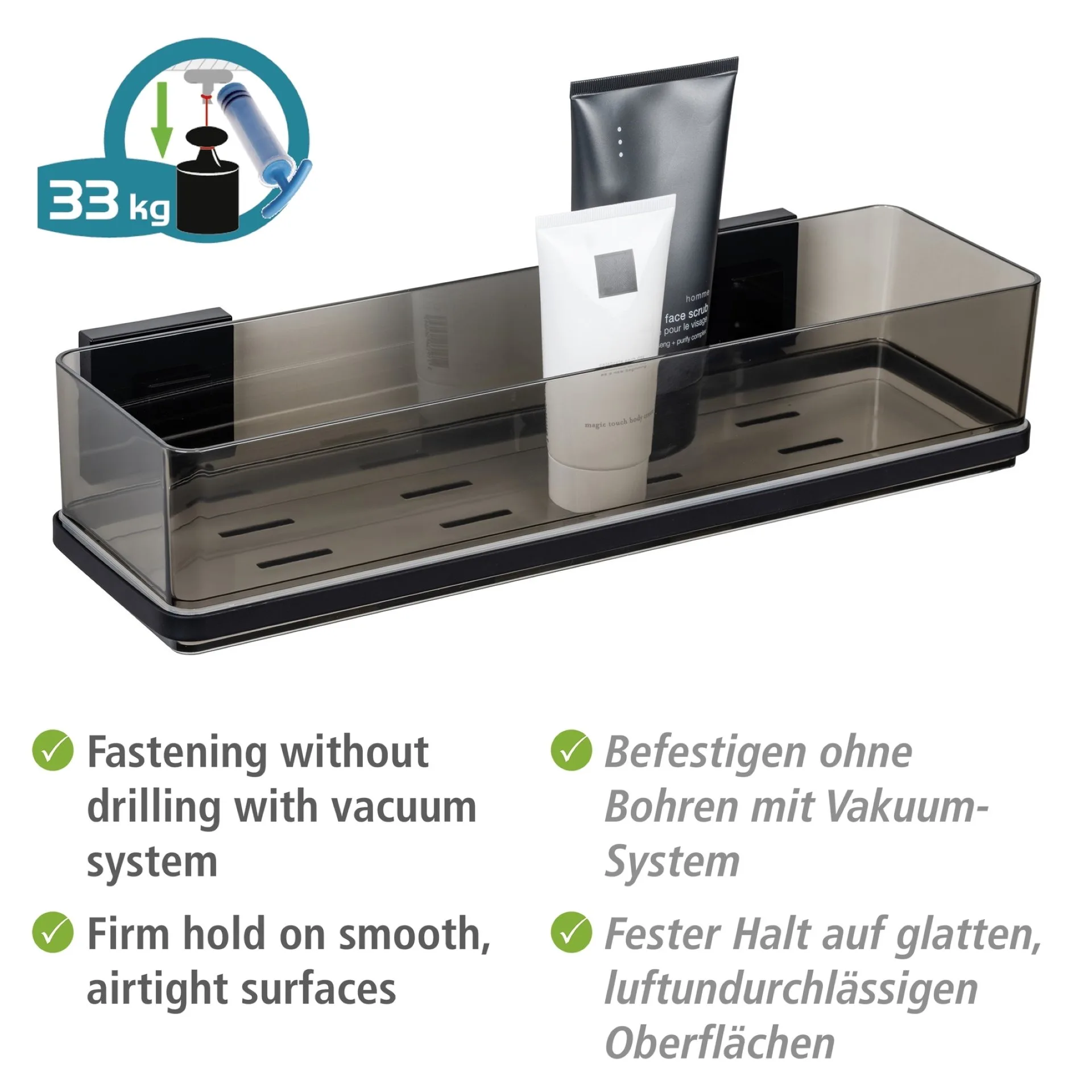 WENKO QUADRO Duschablage 38,5 cm breit, Schwarz, Befestigen ohne Bohren