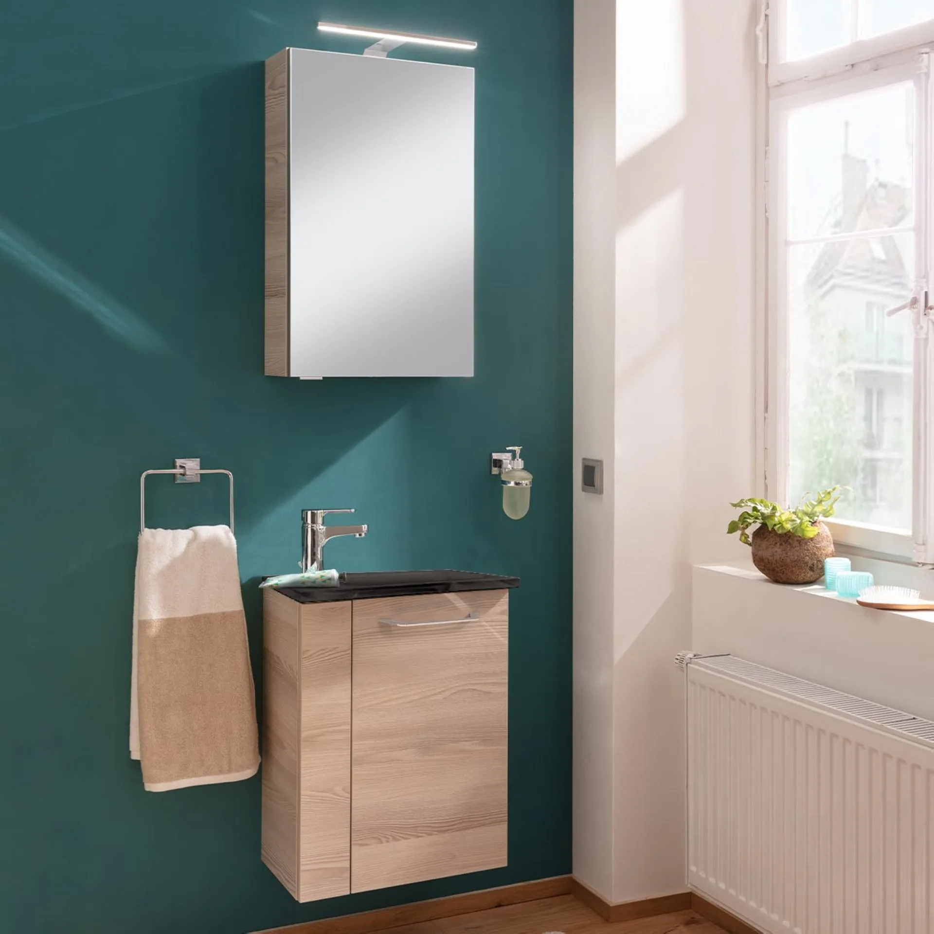 FACKELMANN SBC B.CLEVER Gäste WC Waschtisch Set 45 cm breit, Braun hell, Waschbecken Glas Anthrazit, Türanschlag rechts