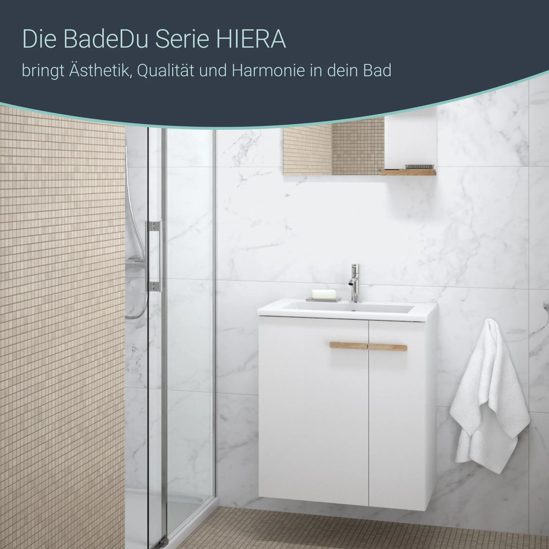 BADEDU HIERA Waschbecken mit Unterschrank 60 cm breit, Weiß, Waschbecken Keramik Weiß