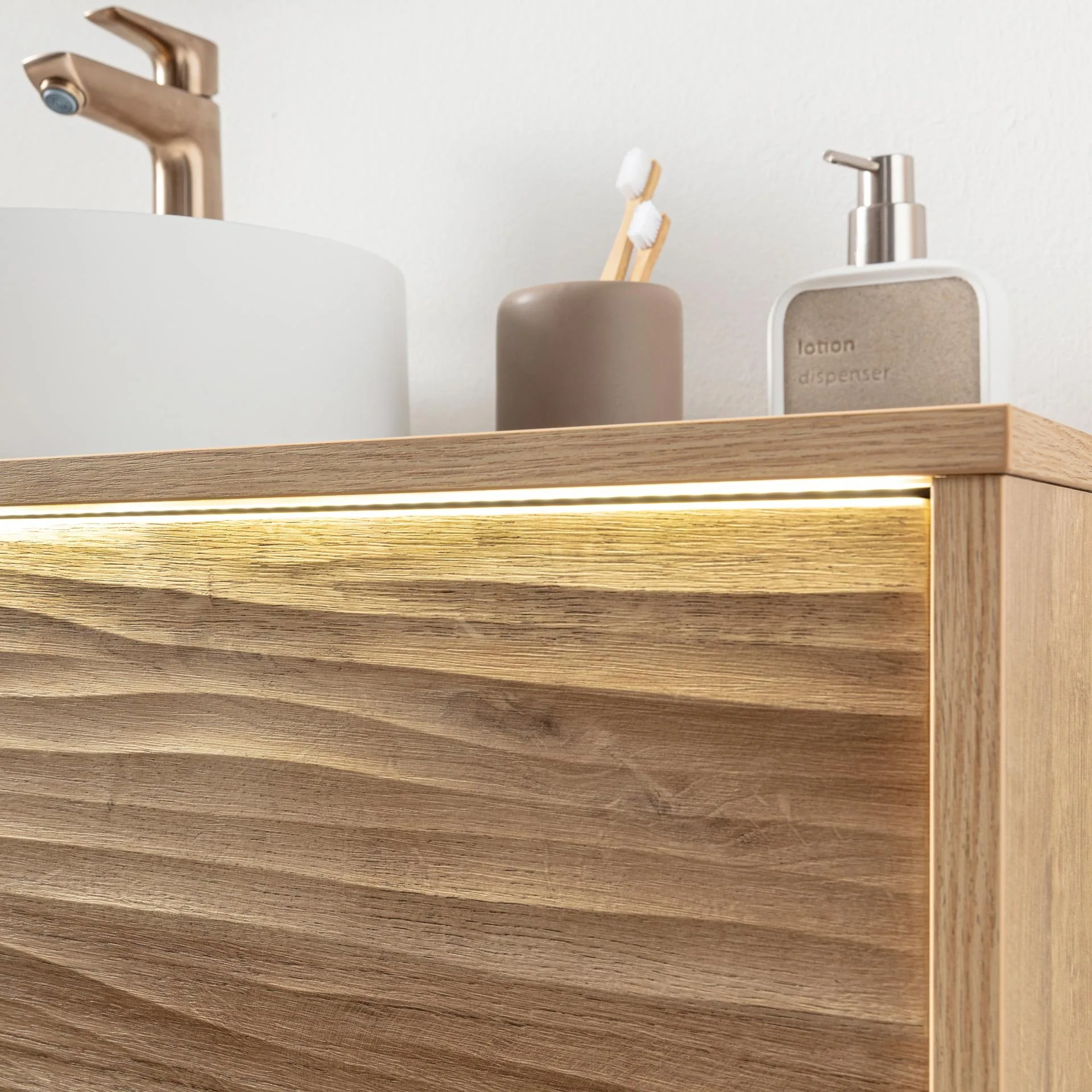 LANZET DUNE Waschbecken mit Unterschrank 100,3 cm breit, Braun hell, Aufsatzwaschbecken Gussmarmor Weiß, inkl. LED Beleuchtung