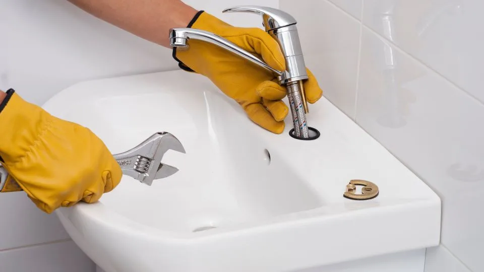 Waschbecken mit neuem Wasserhahn für Hochdruckarmatur