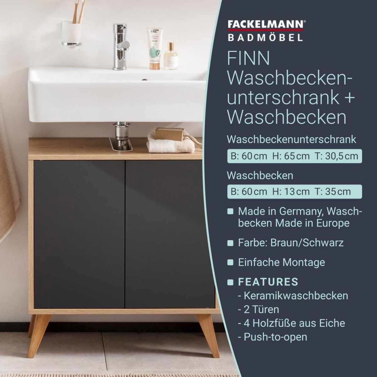 FACKELMANN FINN Waschbecken mit Unterschrank 60 cm breit, Anthrazit/Braun hell, Waschbecken Keramik Weiß + Holzfüße