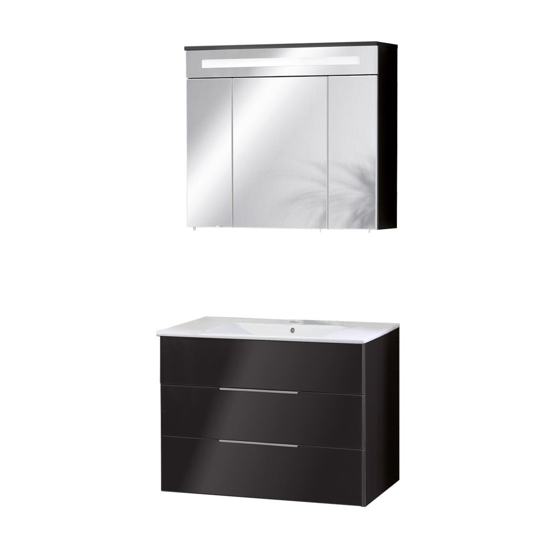 FACKELMANN KARA Waschtisch Set mit Spiegelschrank 80 cm breit, Anthrazit, Waschbecken Keramik Weiß, 2 Schubladen