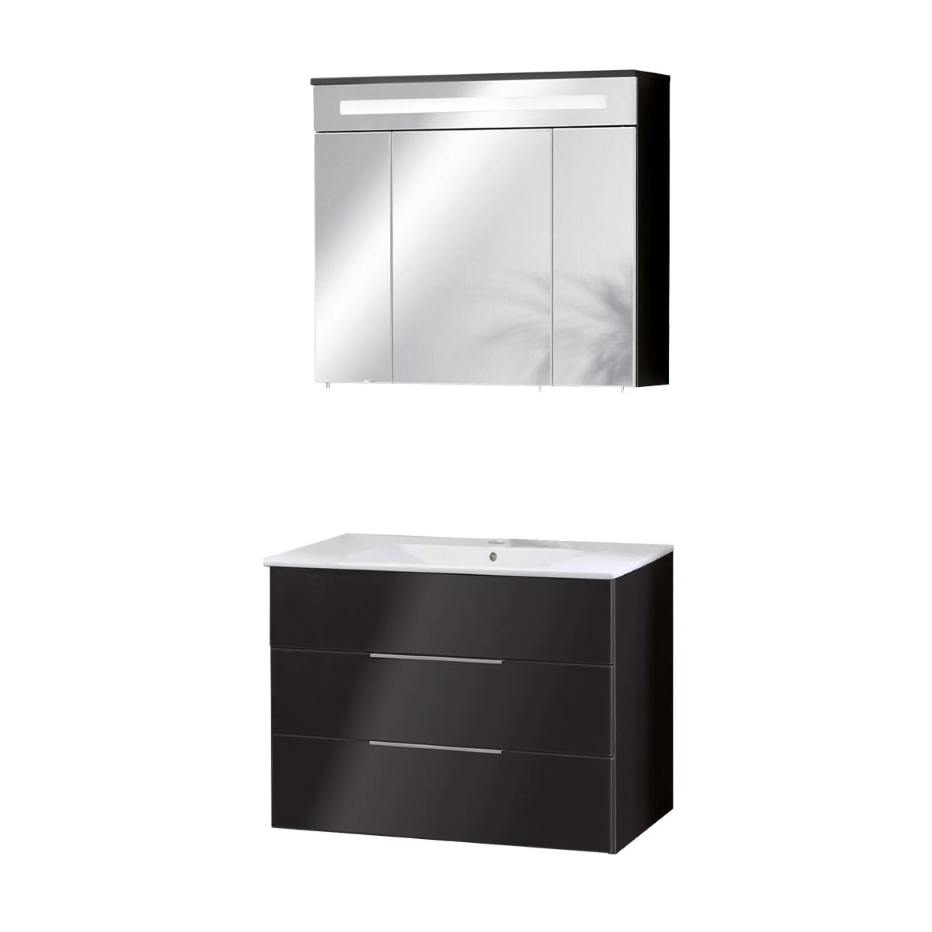 FACKELMANN KARA Waschtisch Set mit Spiegelschrank 80 cm breit, Anthrazit, Waschbecken Keramik Weiß, 2 Schubladen