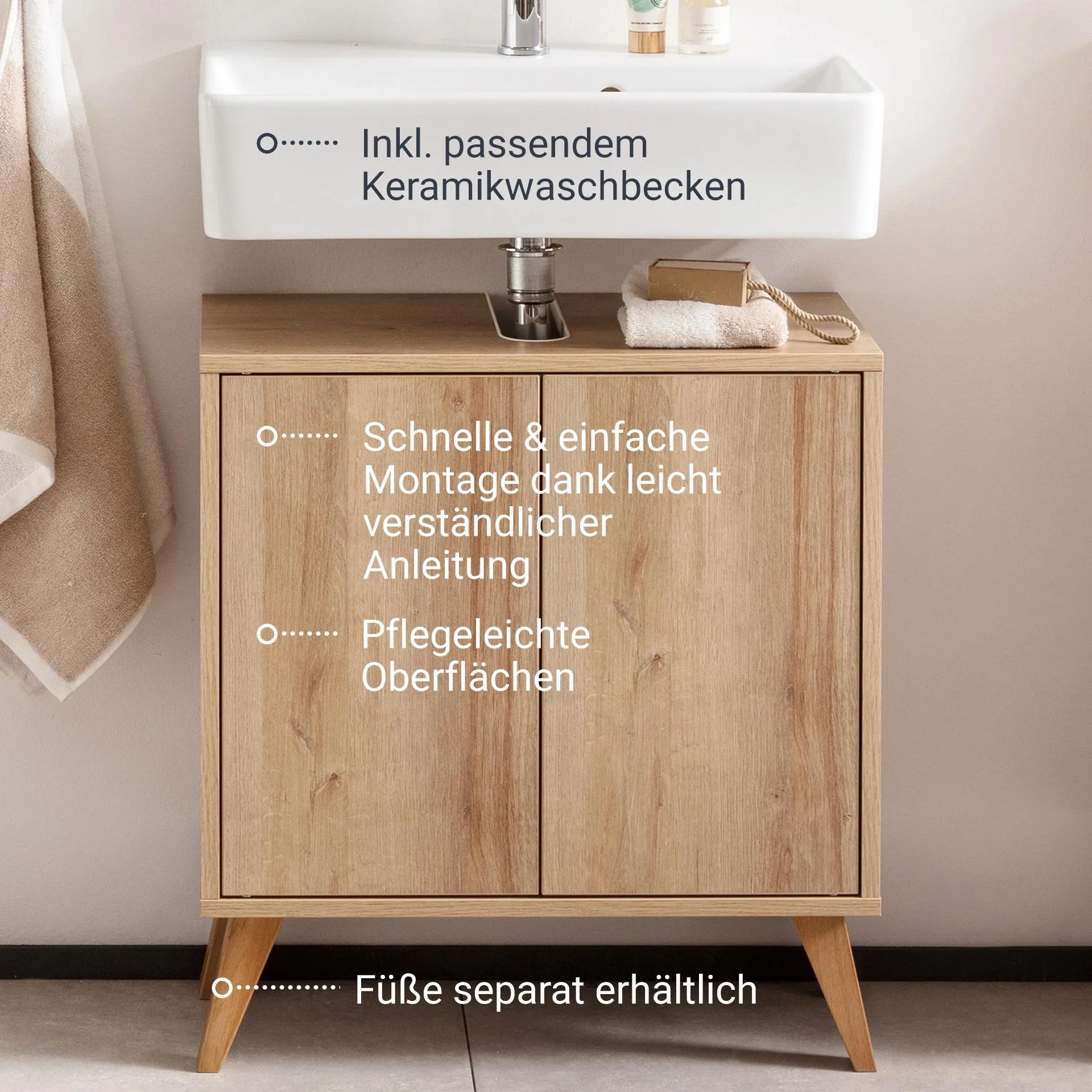 FACKELMANN FINN Waschbecken mit Unterschrank 60 cm breit, Braun hell, Waschbecken Keramik Weiß