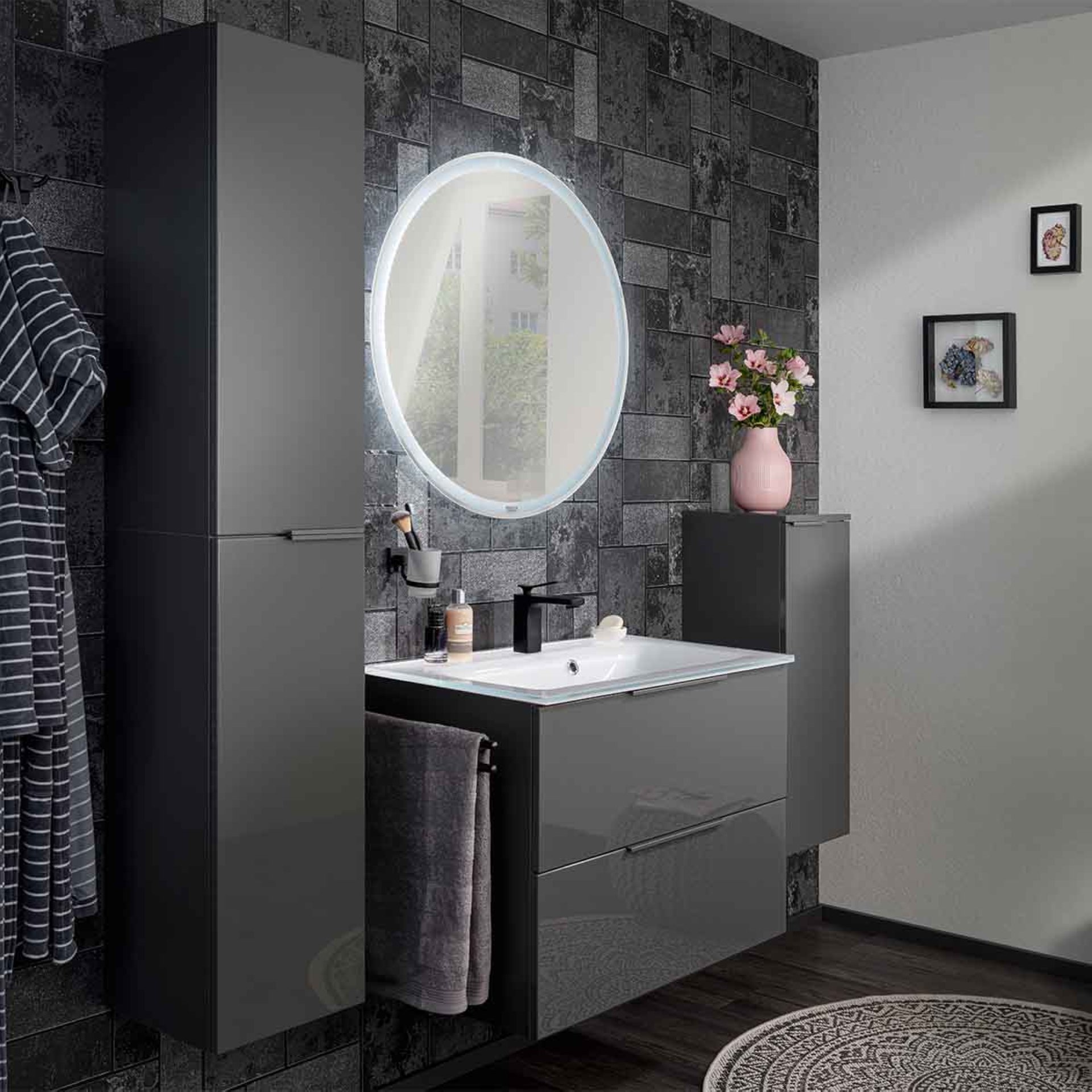 Fackelmann LUNA Badmöbel Set 4-teilig, 80 cm breit, Anthrazit, Glas Weiß+Beleuchtung+Spiegel