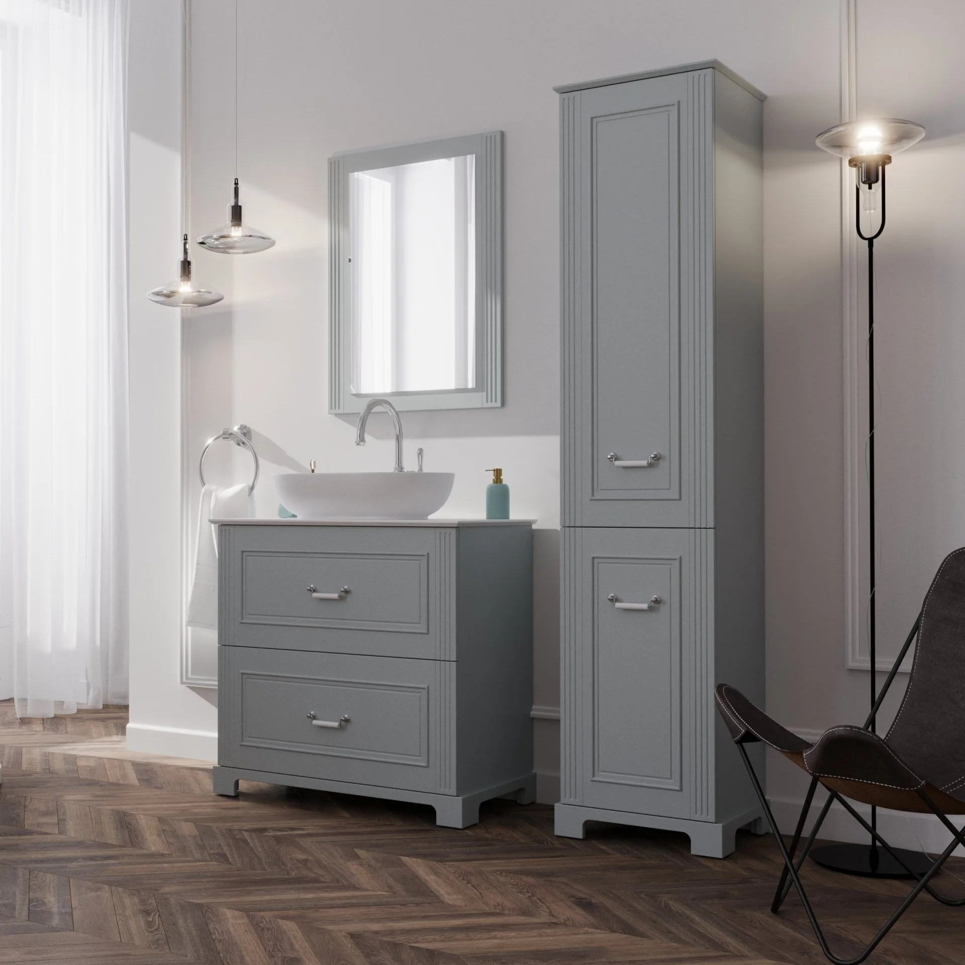 BADEDU RILA Hochschrank 43 cm breit, Grau matt, 1 Tür, Wäschekorb unten mit Auszug