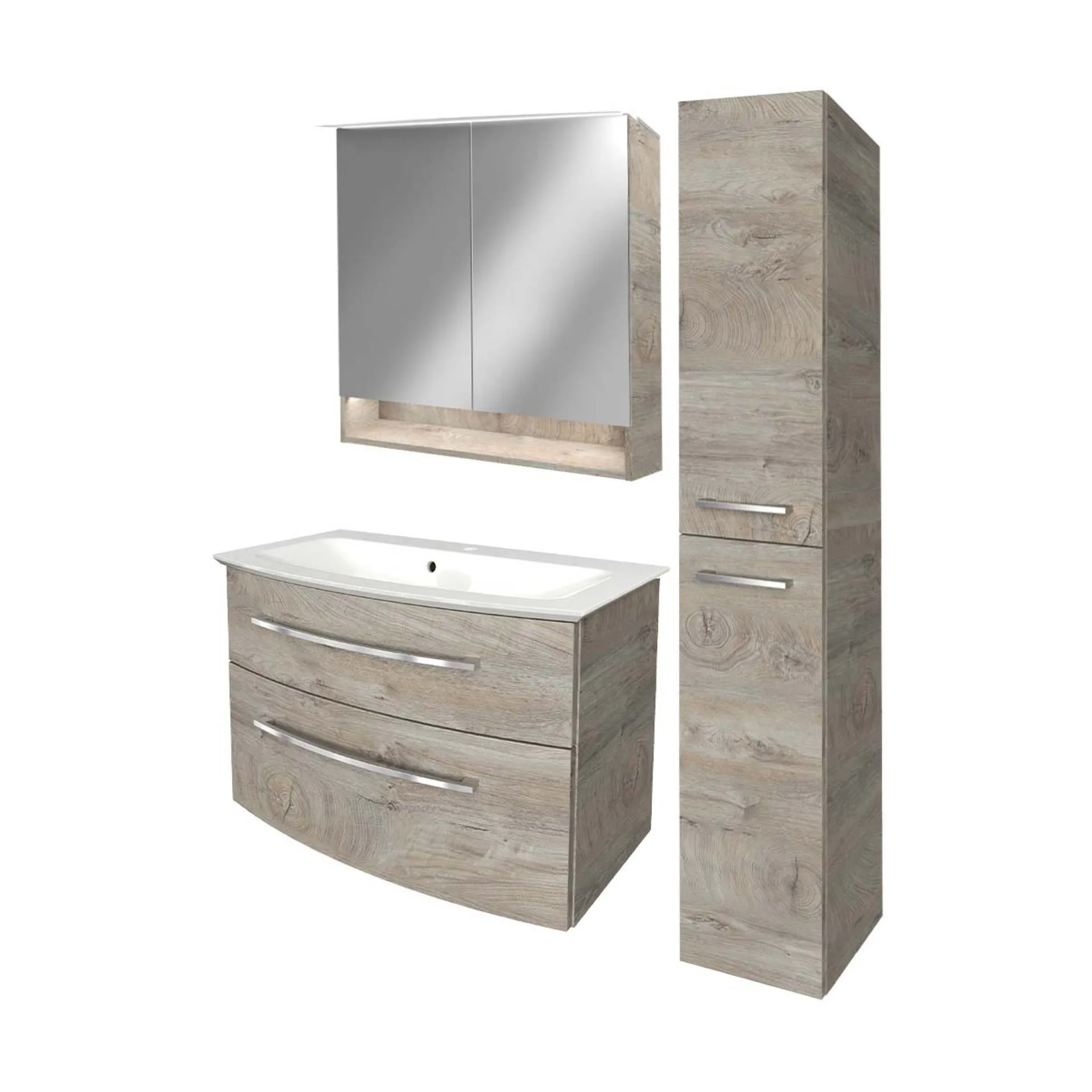 FACKELMANN B.STYLE Badmöbel Set 4-teilig 83 cm breit, Braun hell + LED Spiegel Spiegelschrank+ Hochschrank Türanschlag rechts