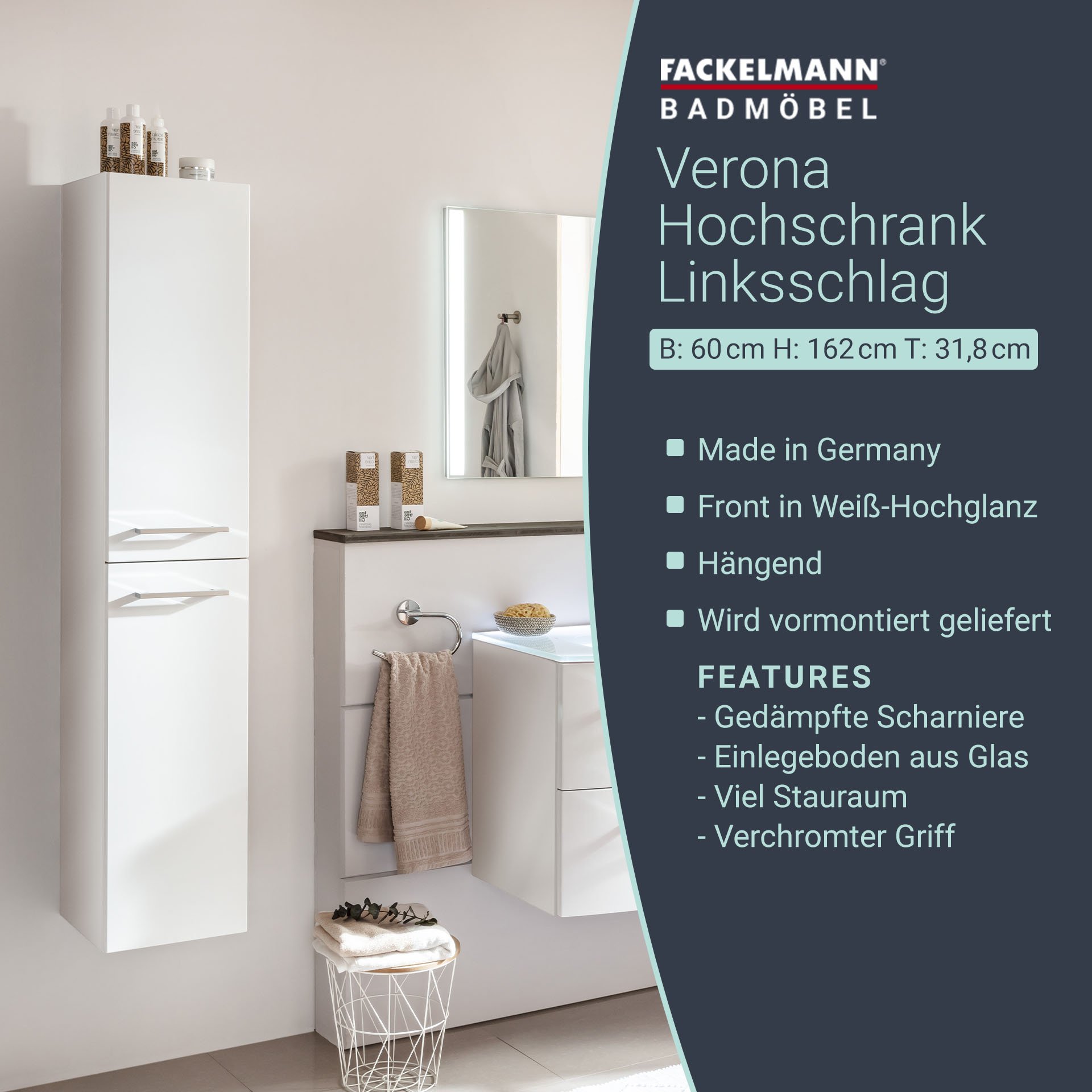 Fackelmann VERONA Hochschrank 30 cm, links, Weiß Hochglanz