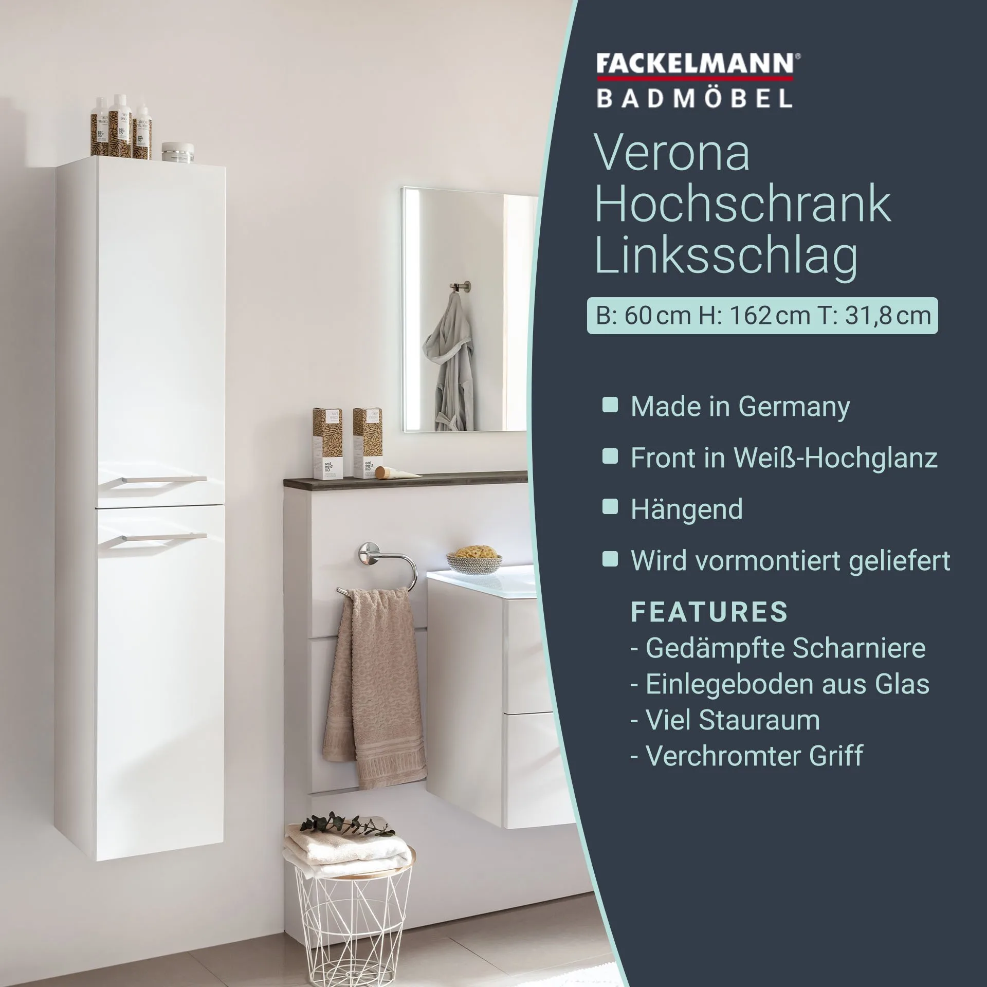 FACKELMANN VERONA Hochschrank 30 cm breit, Weiß Hochglanz, Türanschlag links